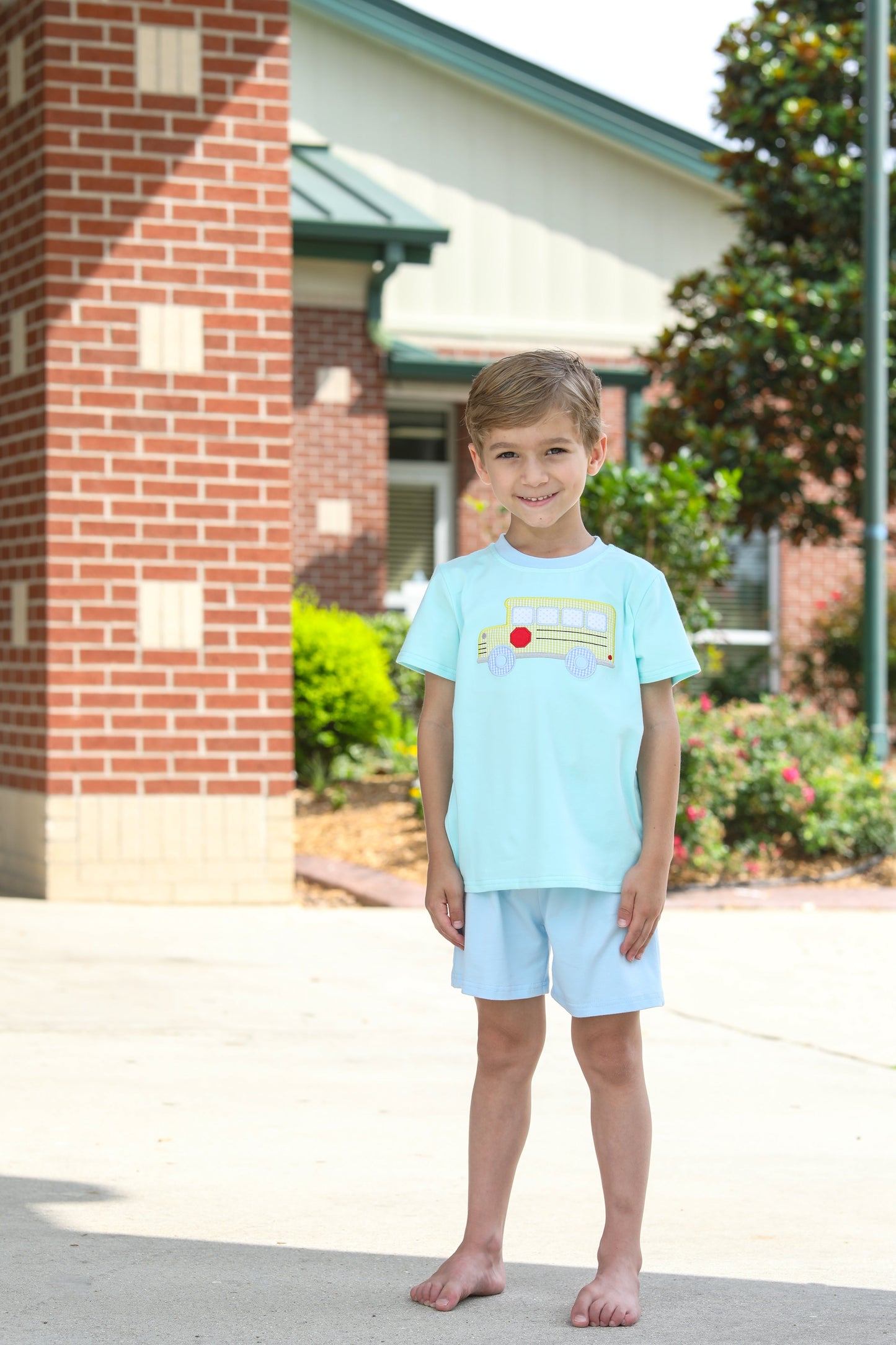Trotter Street Kids Boys Aqua / Blue Yellow School Bus Shorts Set