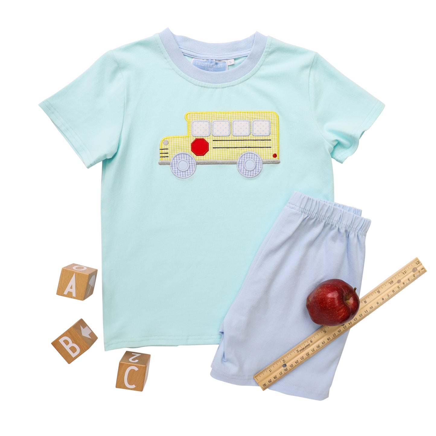 Trotter Street Kids Boys Aqua / Blue Yellow School Bus Shorts Set