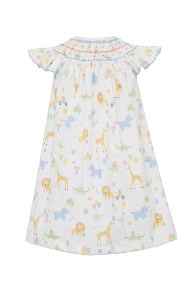 Claire & Charlie Baby Girls Pastel Birthday Animals Parade Smocked Bishop Dress