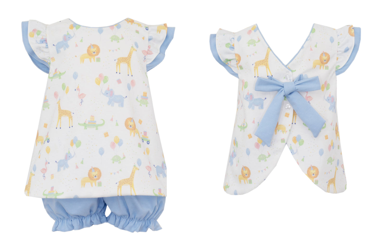 Claire & Charlie Baby Girls Pastel Birthday Animals Parade Bloomers Set - Bow on Back