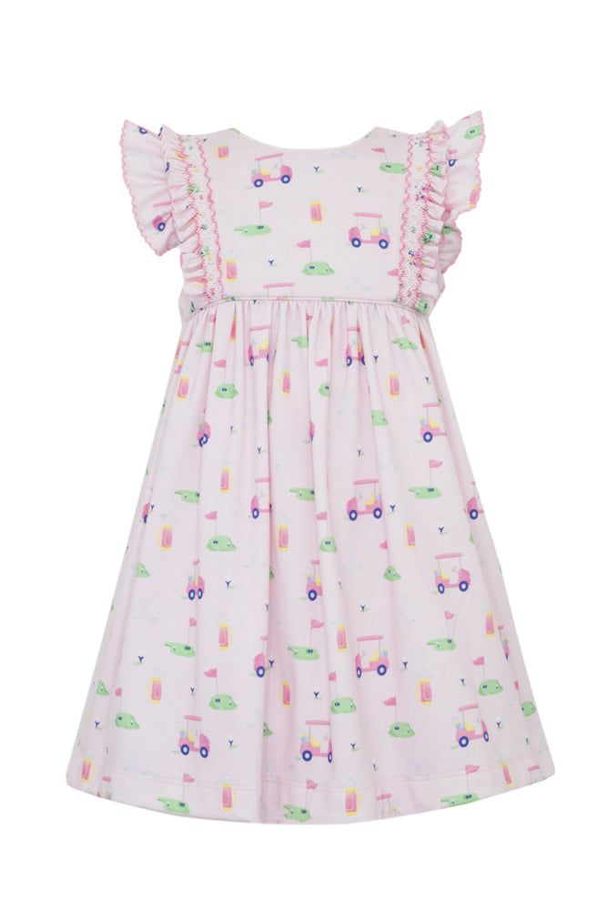 Claire & Charlie Girls Pink Knit Golf Print Smocked Dress