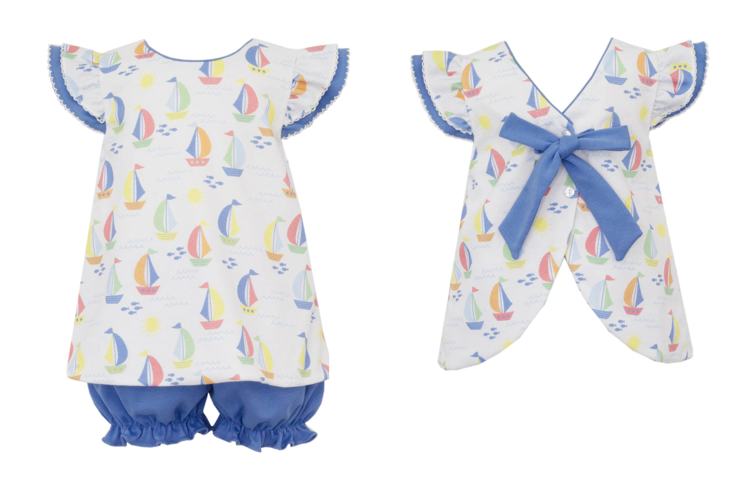 Claire & Charlie Girls Knit Bloomers Set - Sailboat Print - Bow on Back by Claire & Charlie