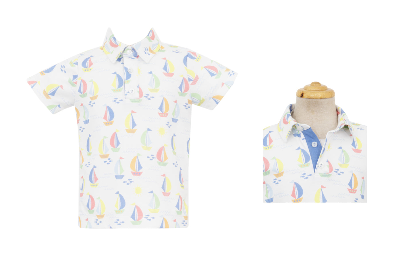 Claire & Charlie Boys Knit Polo Shirt - Sailboat Print by Claire & Charlie