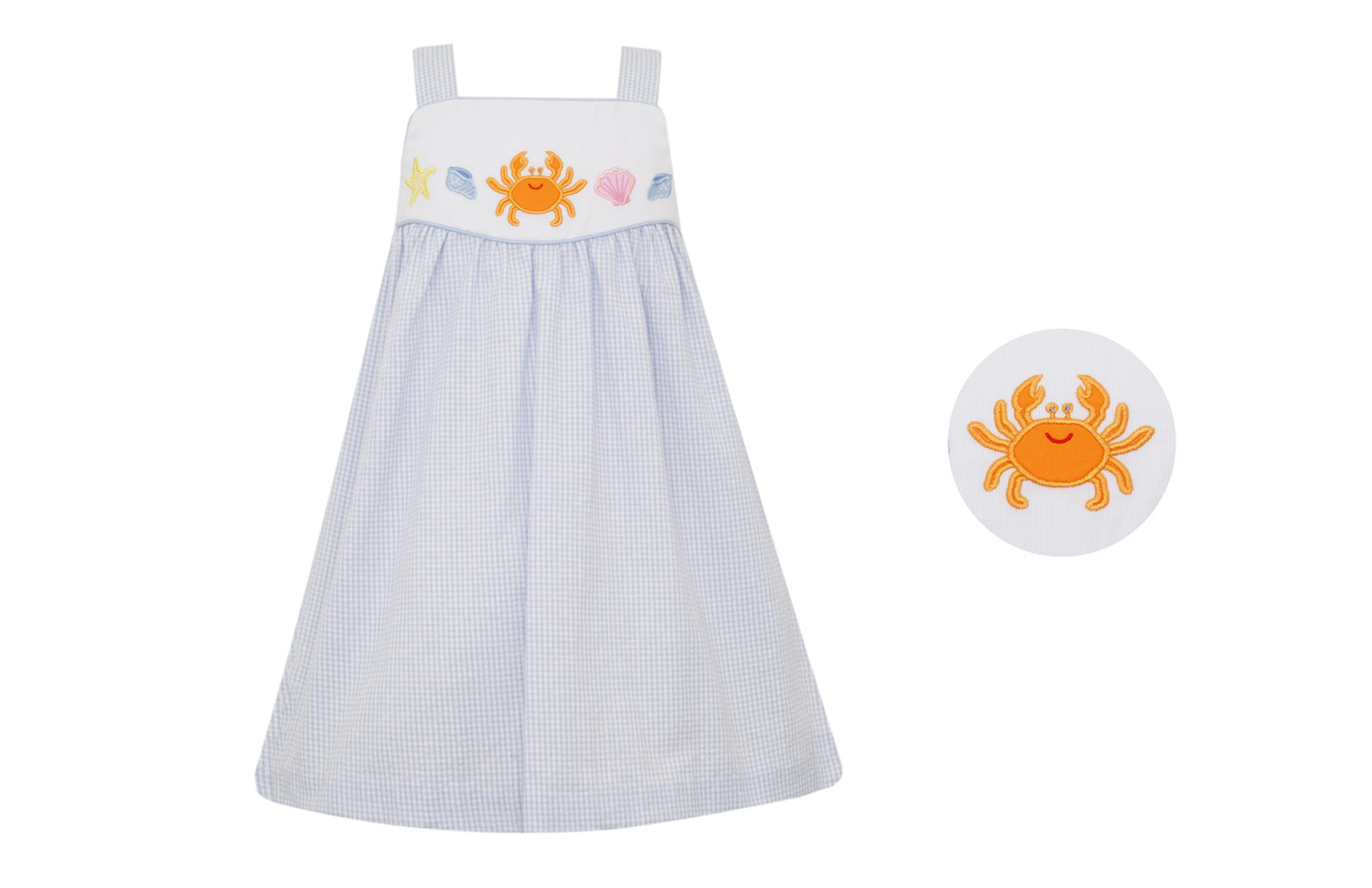 Claire & Charlie Girls Blue Gingham Seersucker Sun Dress - Appliqué Crab