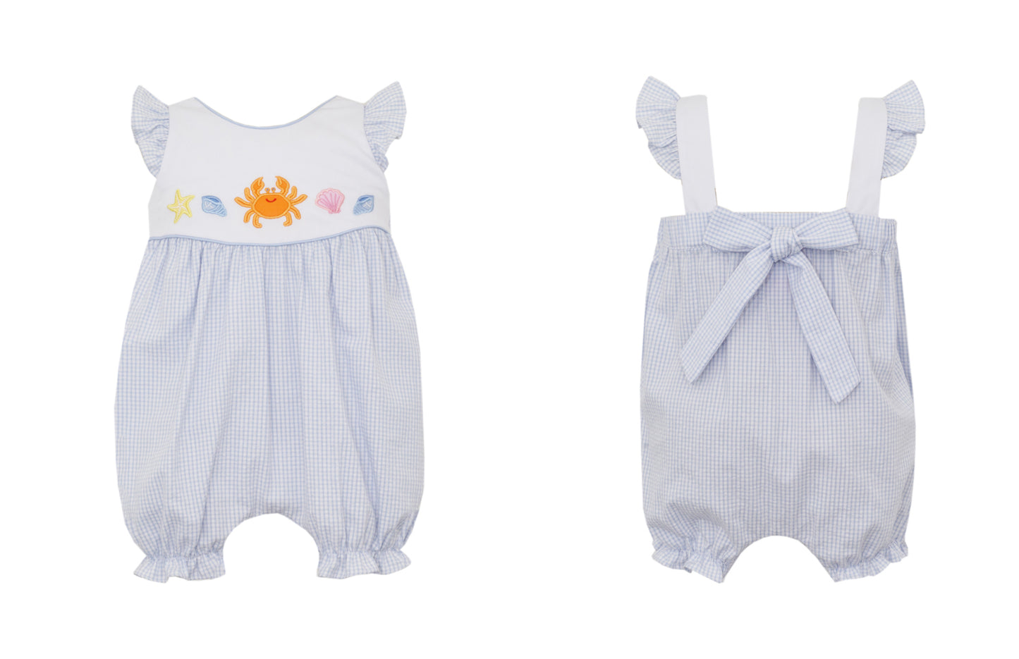 Claire & Charlie Baby Girls Blue Gingham Seersucker Bubble - Applique Crab by Claire & Charlie