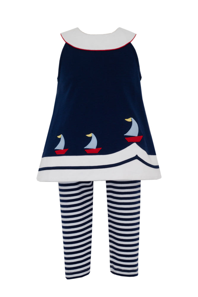Claire & Charlie Girls Navy Blue Knit Sailboats Tunic with Striped Leggings by Claire & Charlie