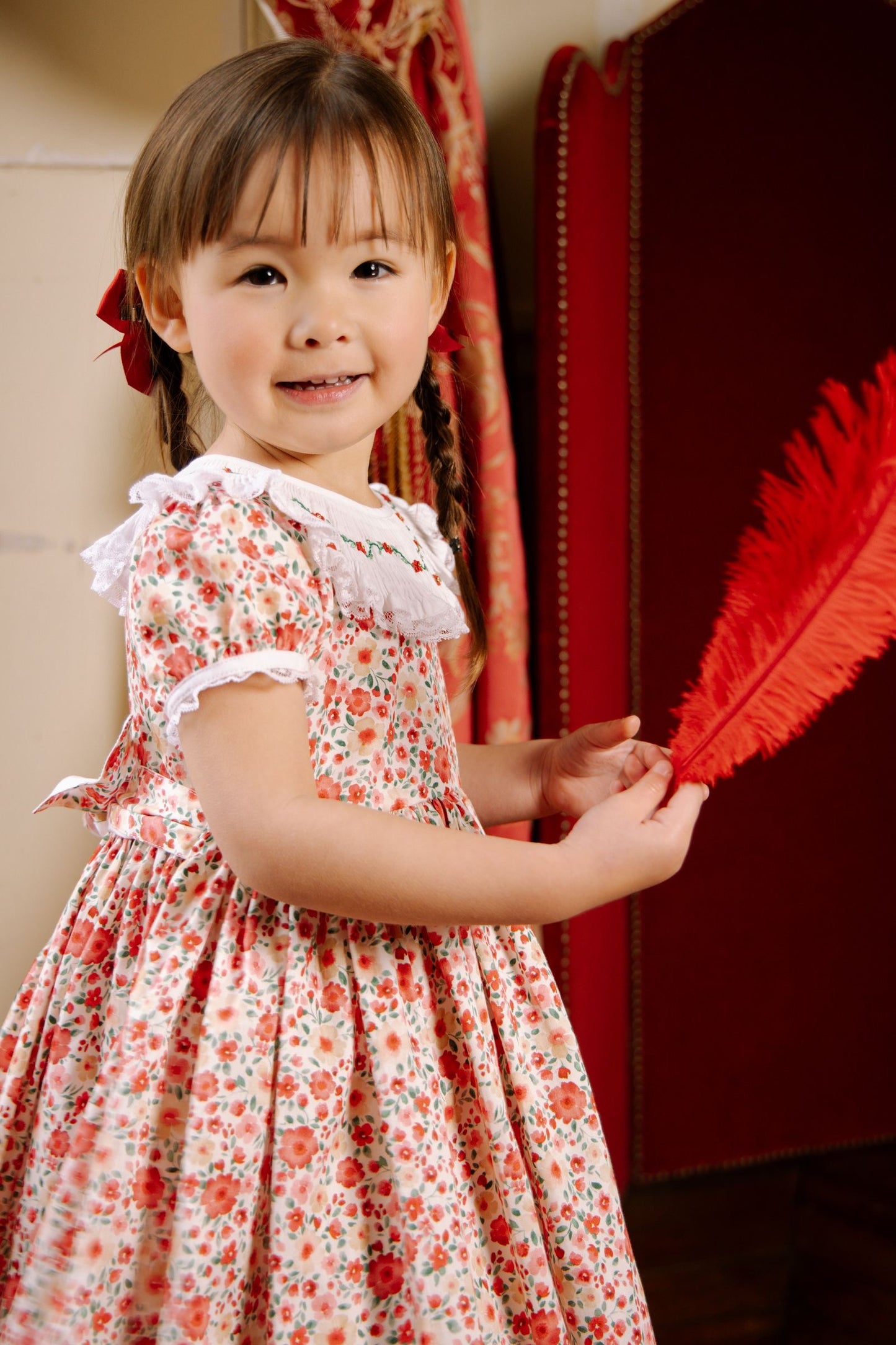 Antoinette Paris Girls Celestine Red Floral Embroidered Ruffle Collar Dress