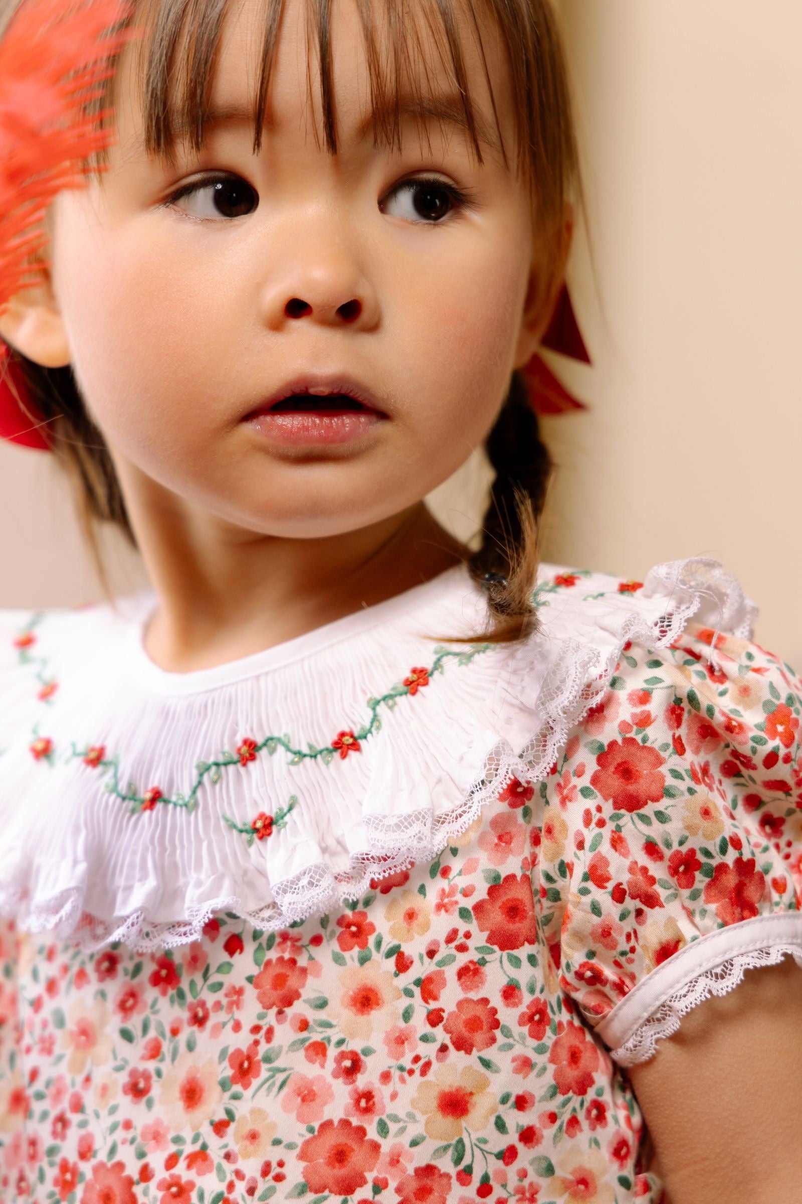 Antoinette Paris Girls Celestine Red Floral Embroidered Ruffle Collar Dress
