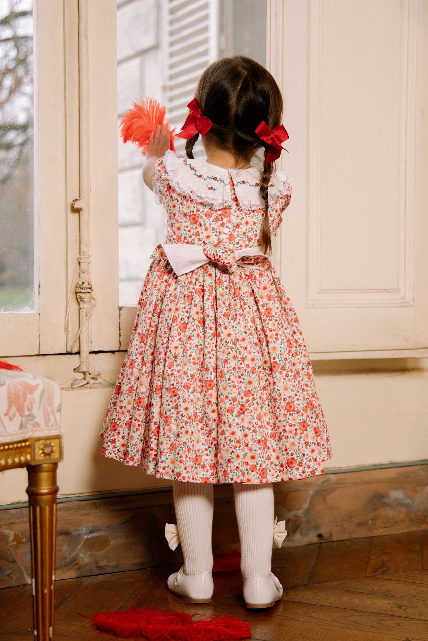 Antoinette Paris Girls Celestine Red Floral Embroidered Ruffle Collar Dress