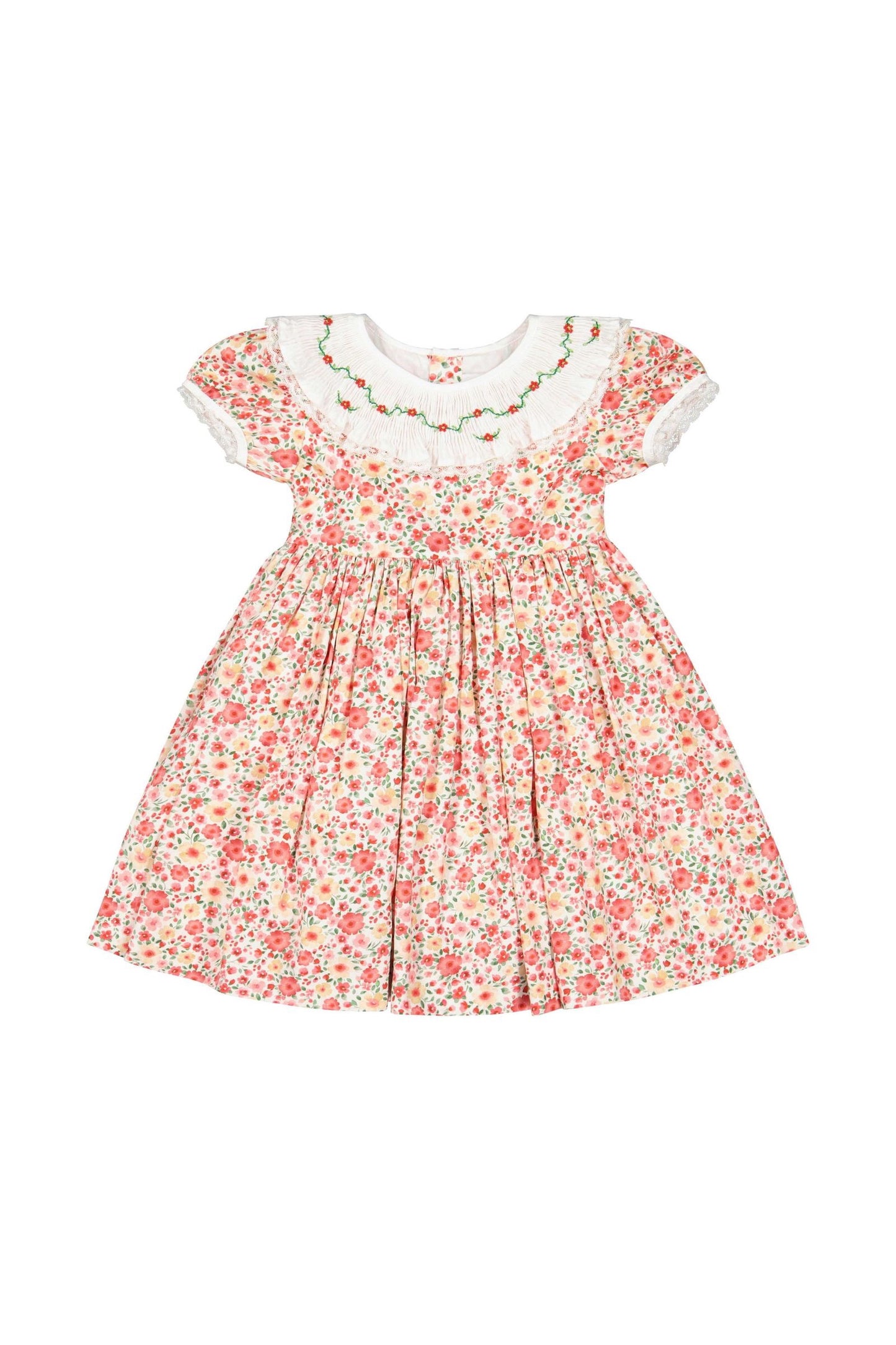 Antoinette Paris Girls Celestine Red Floral Embroidered Ruffle Collar Dress