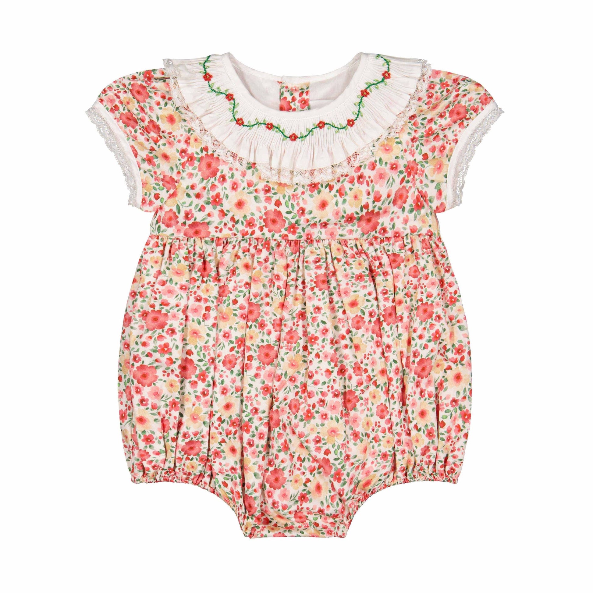 Antoinette Paris Baby Girls Romper - Celestine Red Floral - Embroidered Ruffle Collar
