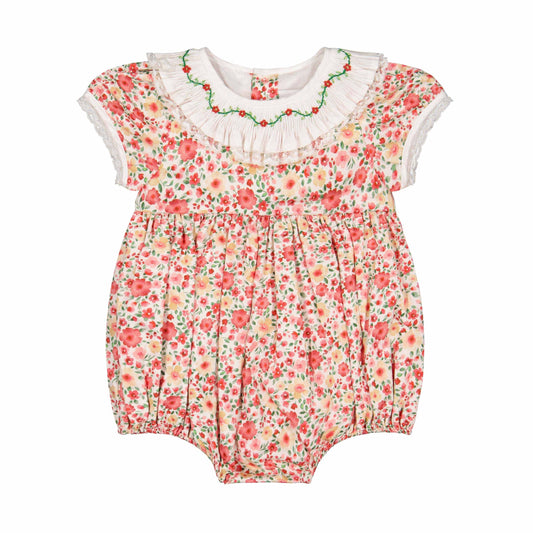 Antoinette Paris Baby Girls Romper - Celestine Red Floral - Embroidered Ruffle Collar