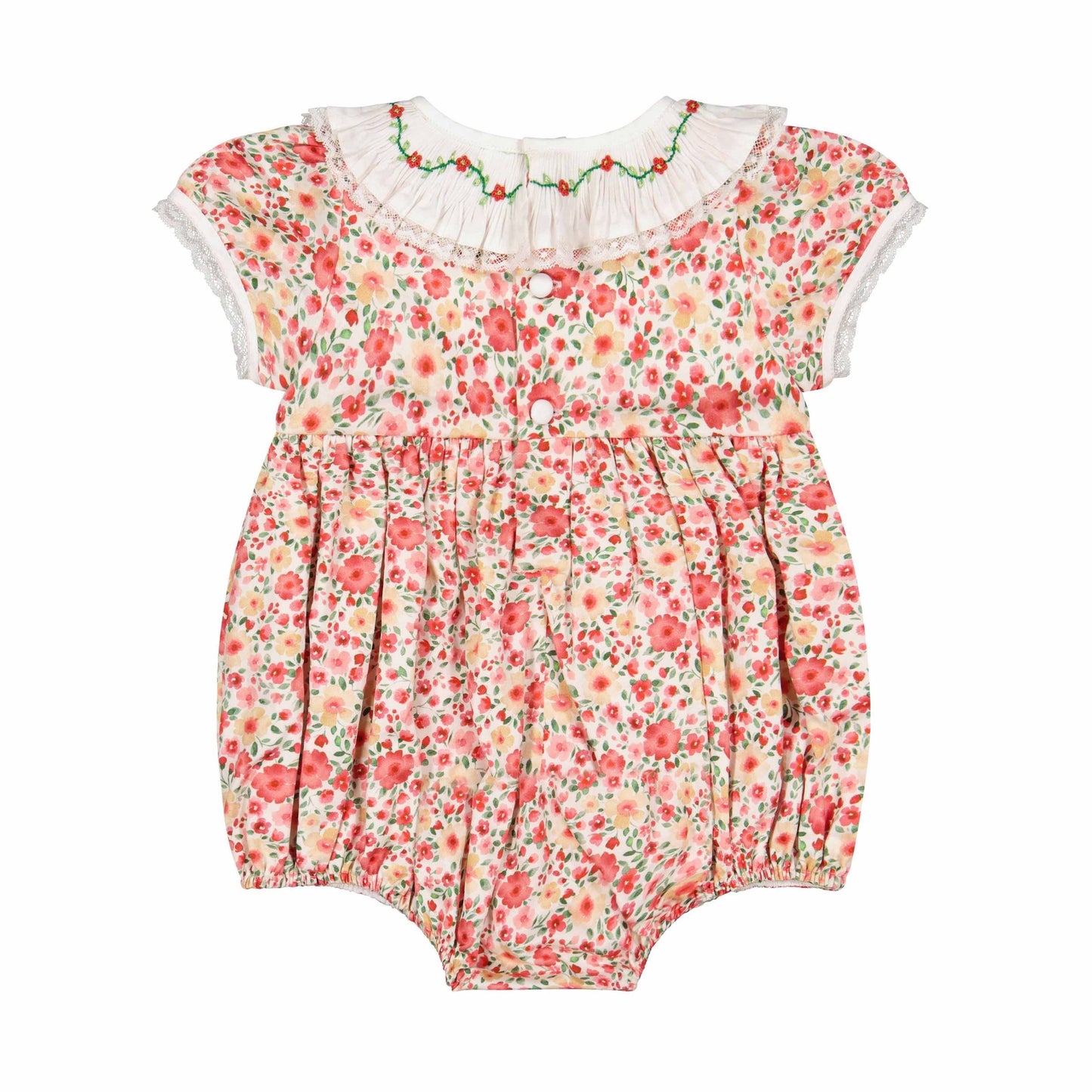 Antoinette Paris Baby Girls Romper - Celestine Red Floral - Embroidered Ruffle Collar