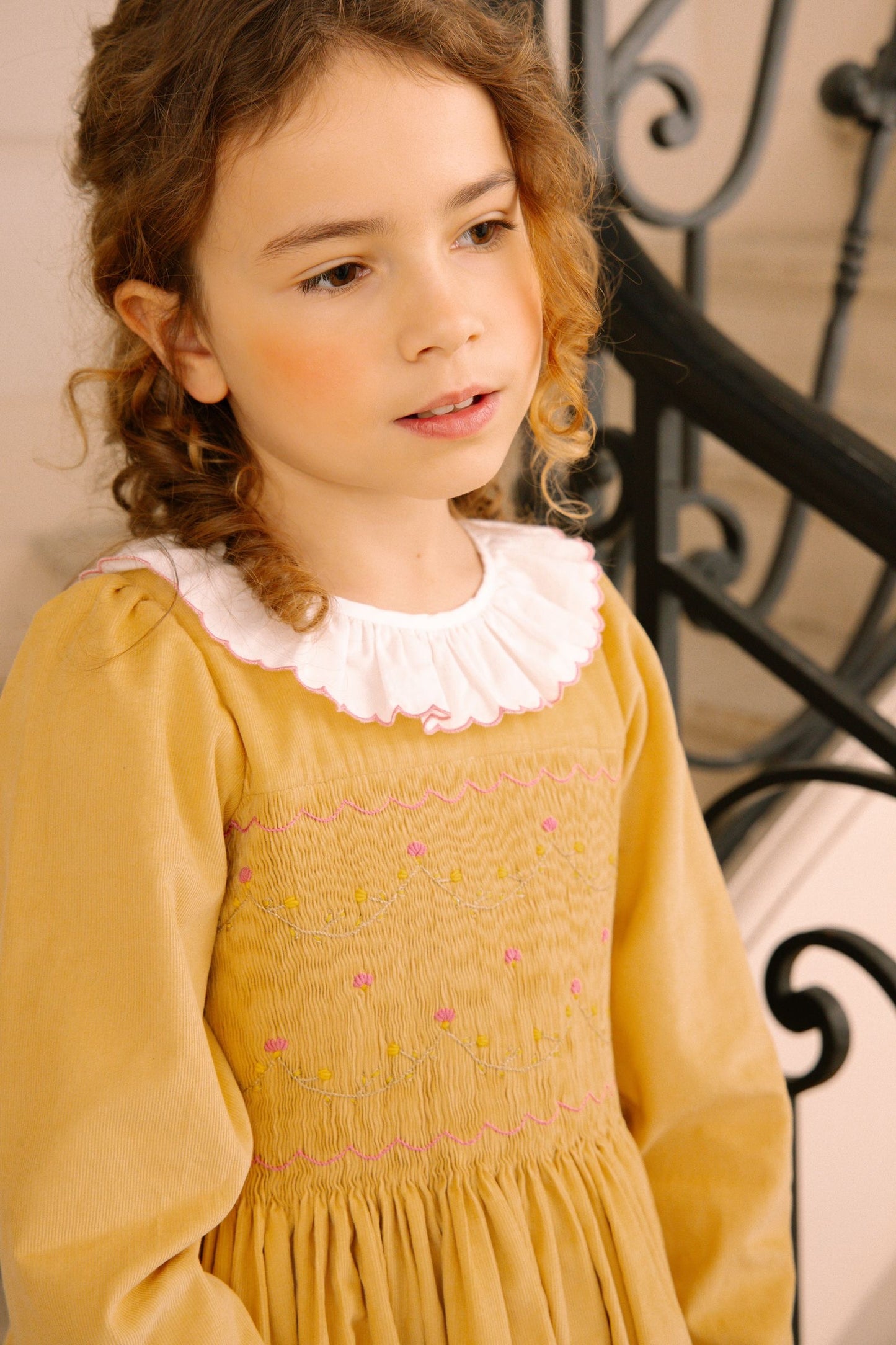 Antoinette Paris Girls Chiara Smocked Bodice Dress with Sash - Yellow