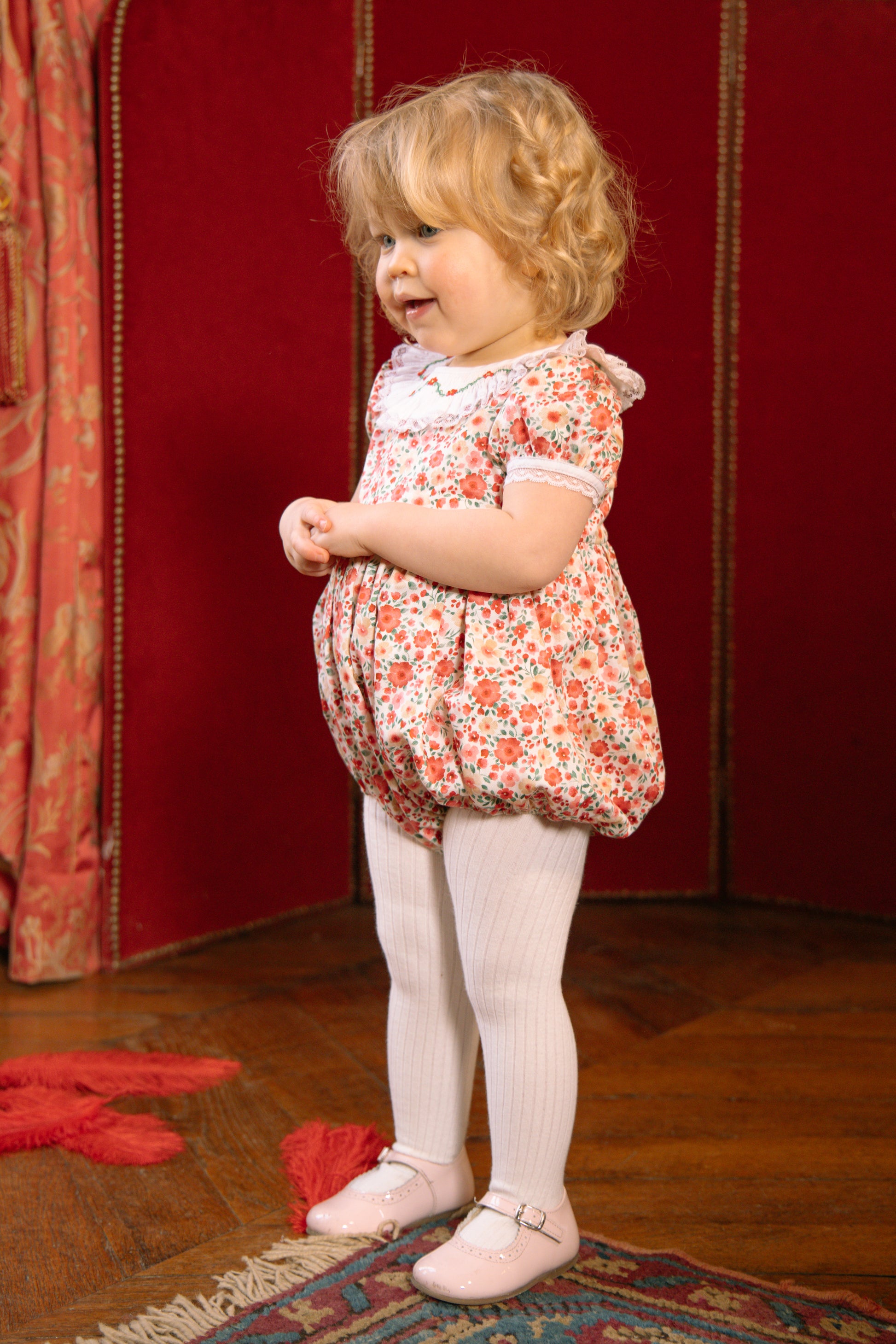 Antoinette Paris Baby Girls Romper - Celestine Red Floral - Embroidered Ruffle Collar