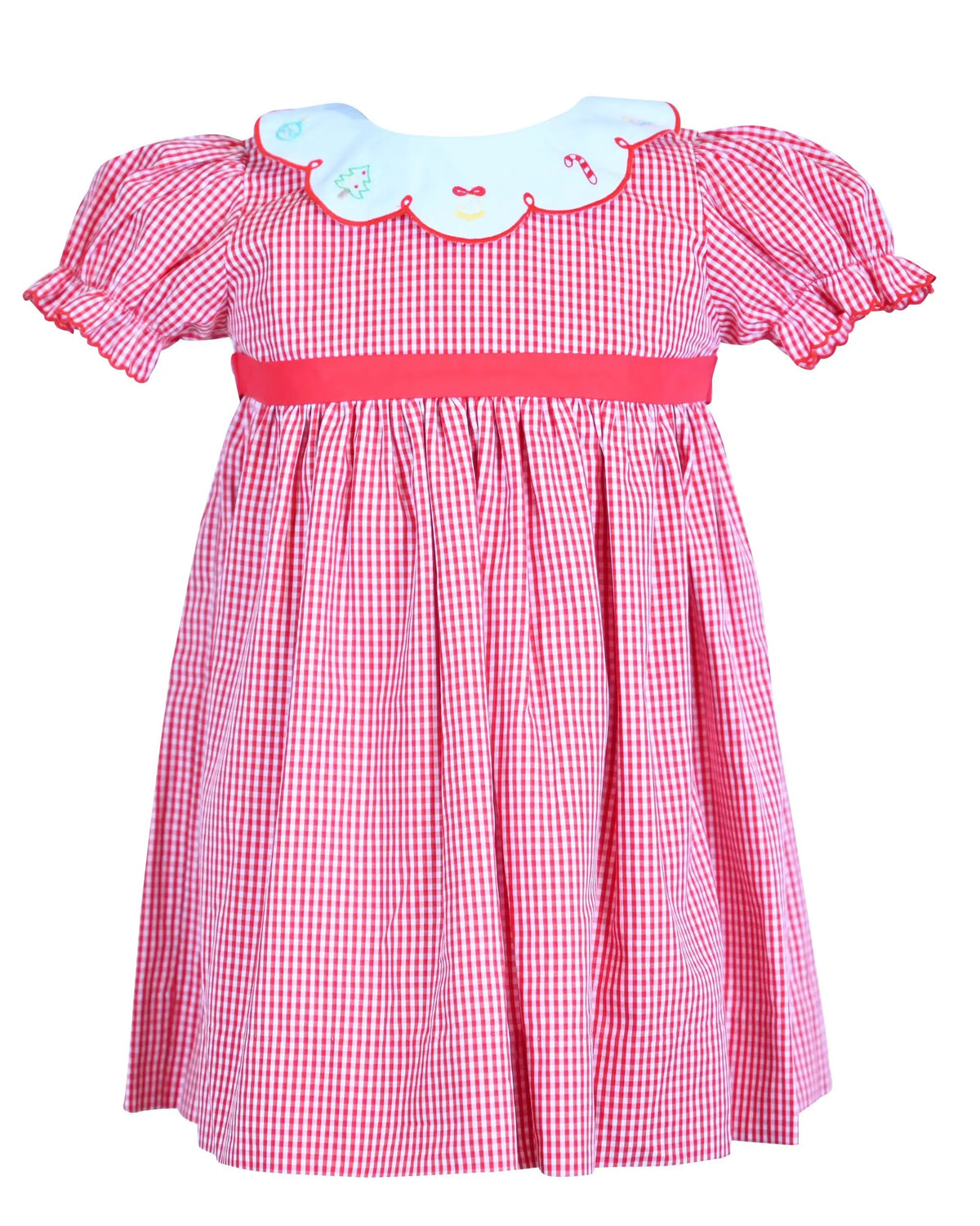 Yellow Lamb Girls Red Check Holly Jolly Christmas Dress - Scallop Collar by Yellow Lamb