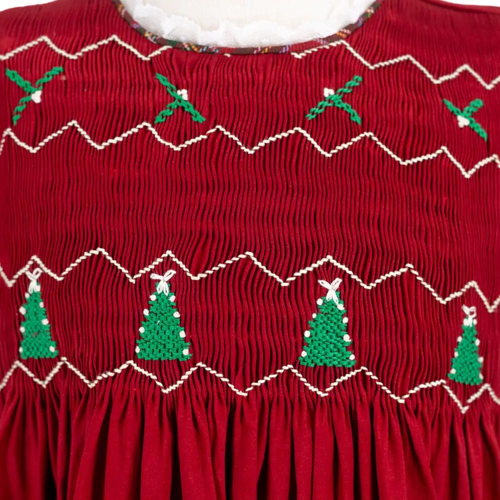 La Boutique by Dondolo Girls Dress - Red with Smocked Christmas Trees & Plaid Bows by Dondolo