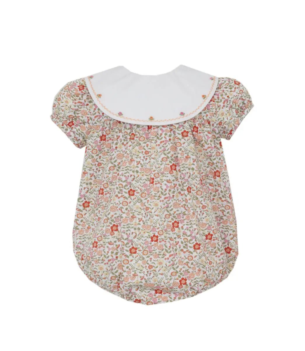 Claire & Charlie Girls Orange Liberty Print Short Sleeve Bubble with Embroidered Round Collar