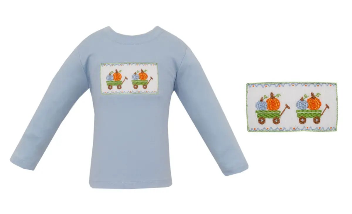 Anavini Boys Light Blue Knit Smocked Pumpkin Truck Long Sleeve Tee Shirt