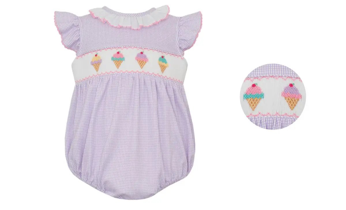 Petit Bebe Knits Girls Lilac Gingham Knit Sleeveless Bubble with Ice Cream Cones - White Ruffle Collar by Petit Bebe