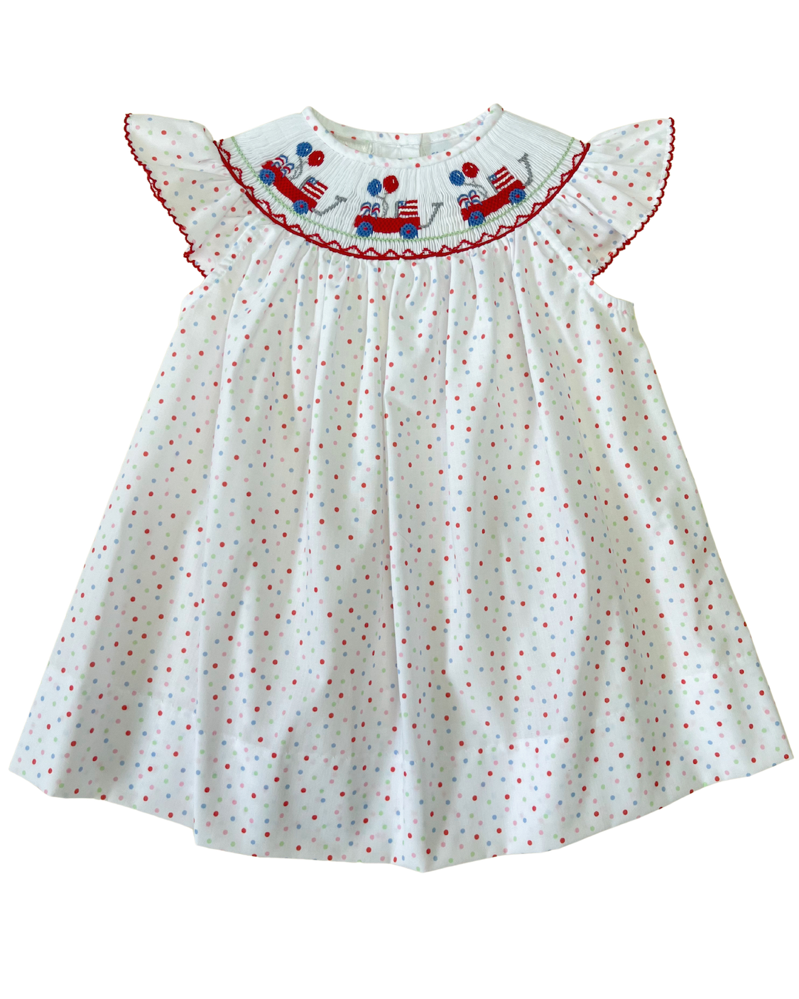 LuLu BeBe Girls Emma Bishop Dress - Patriotic Dots Smocked Wagons with Flags & Balloons