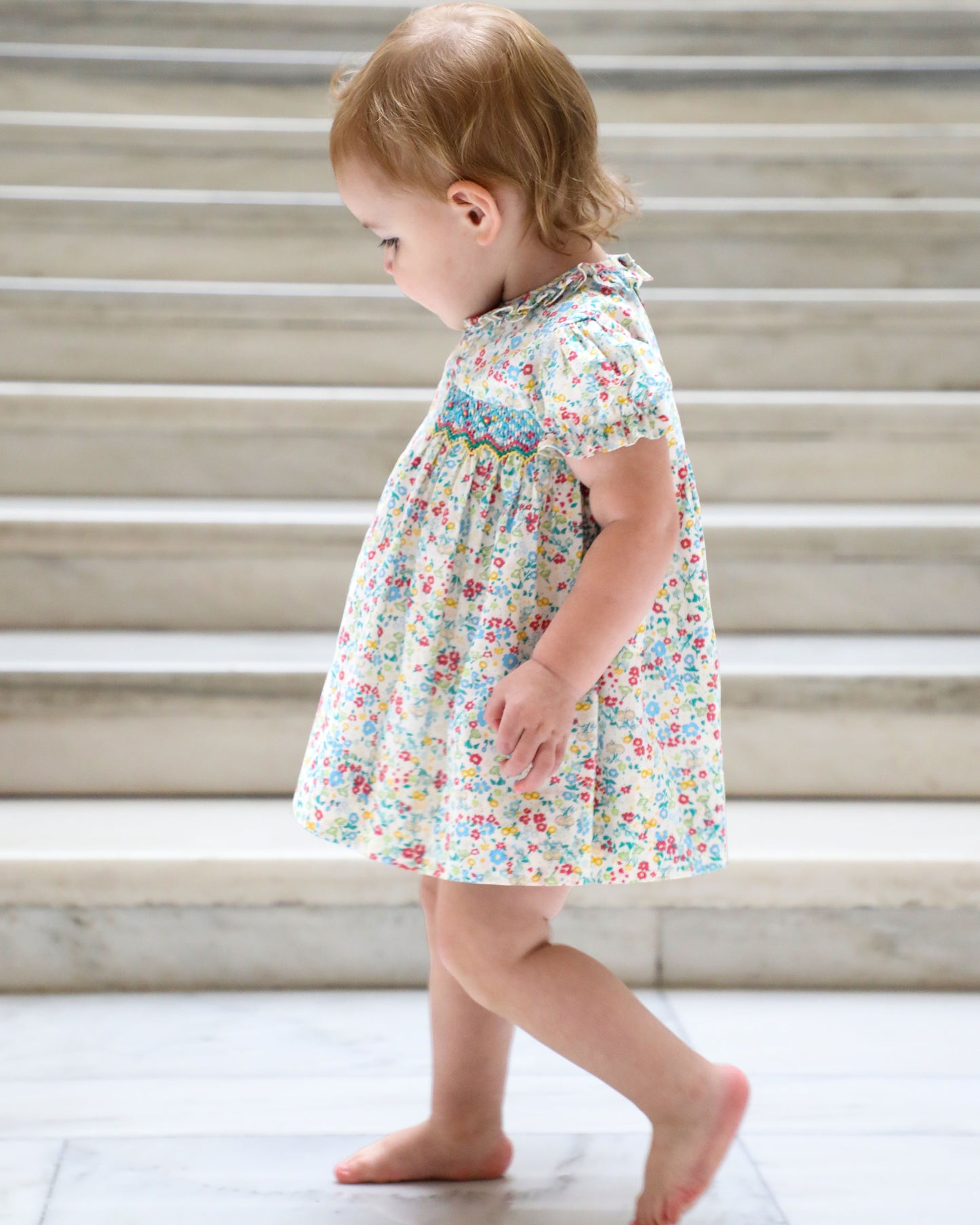 Yellow Lamb Girls Blue Floral Smocked Elise Dres
