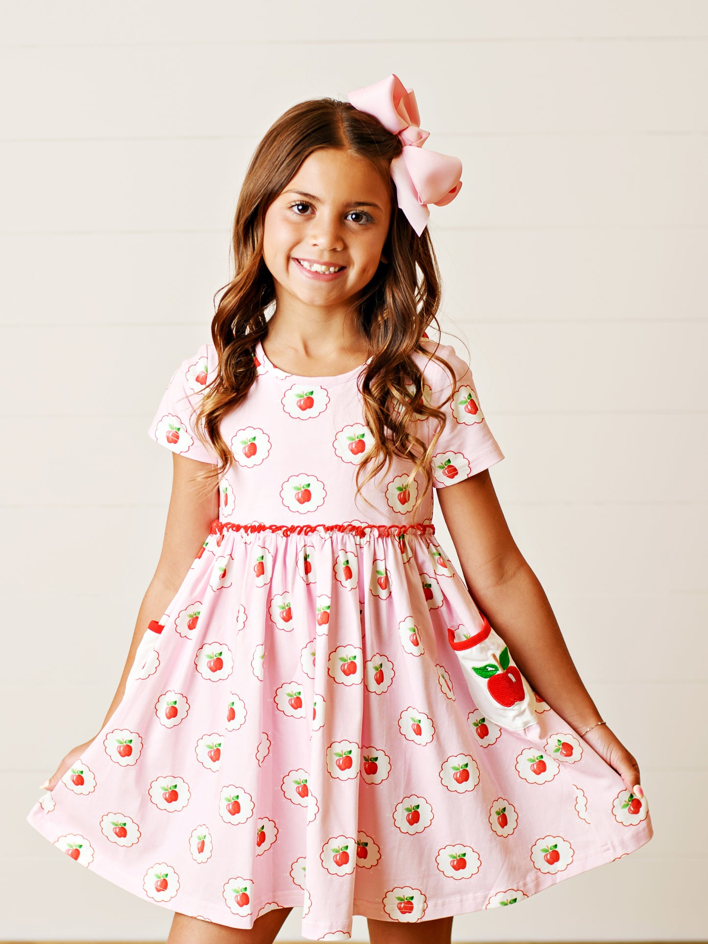 Swoon Baby Girls Pink School Apples Pocket Dress