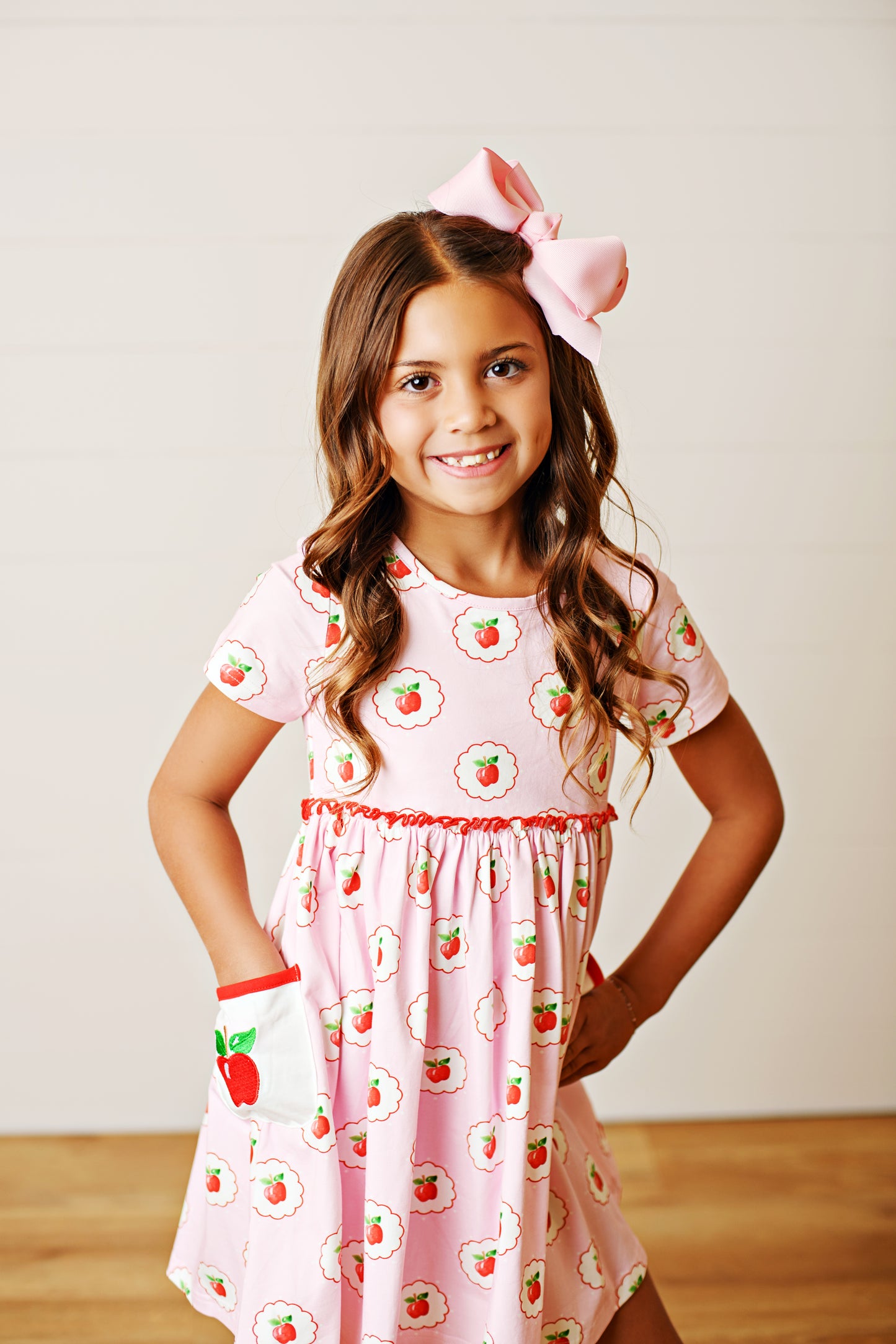 Swoon Baby Girls Pink School Apples Pocket Dress