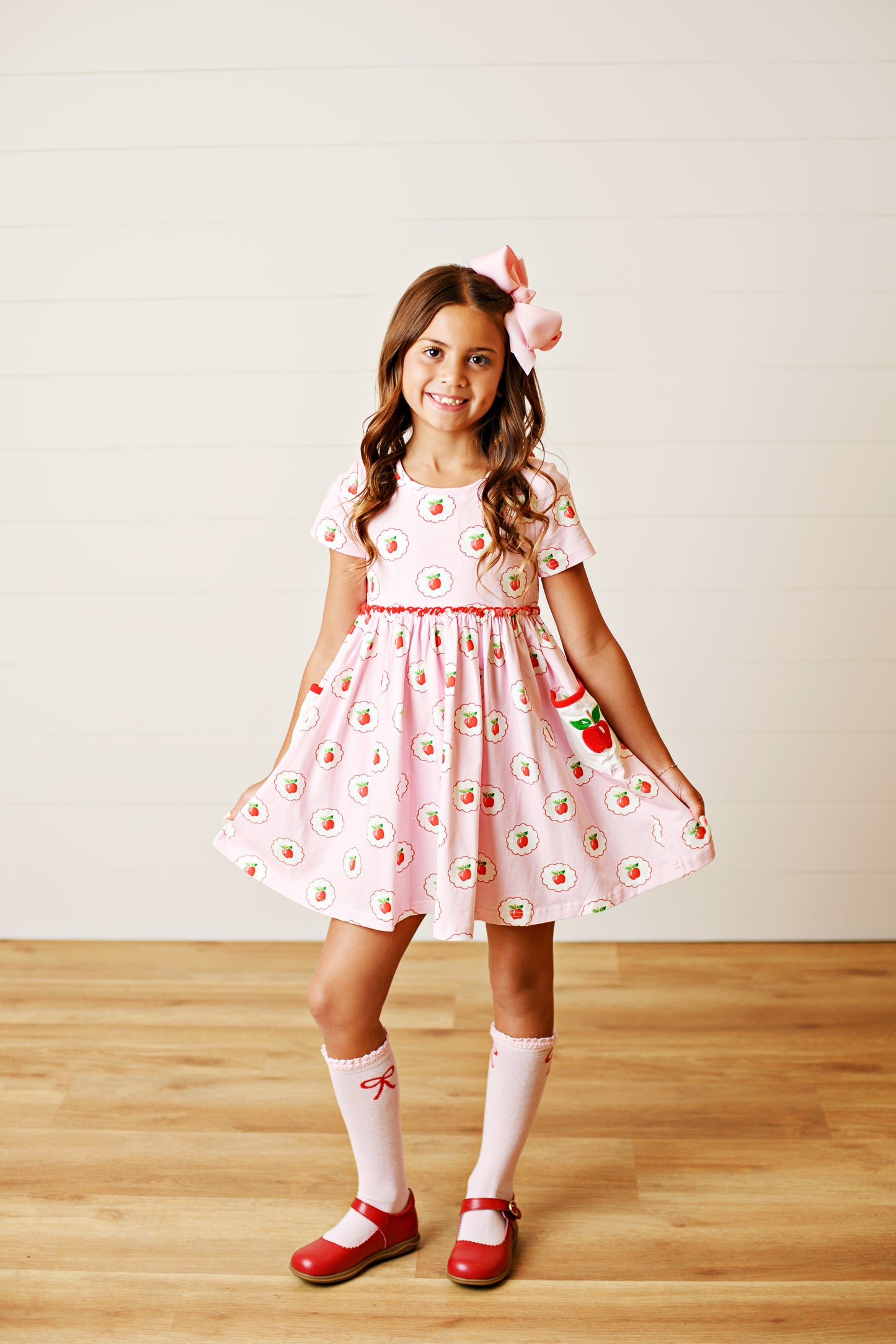 Swoon Baby Girls Pink School Apples Pocket Dress