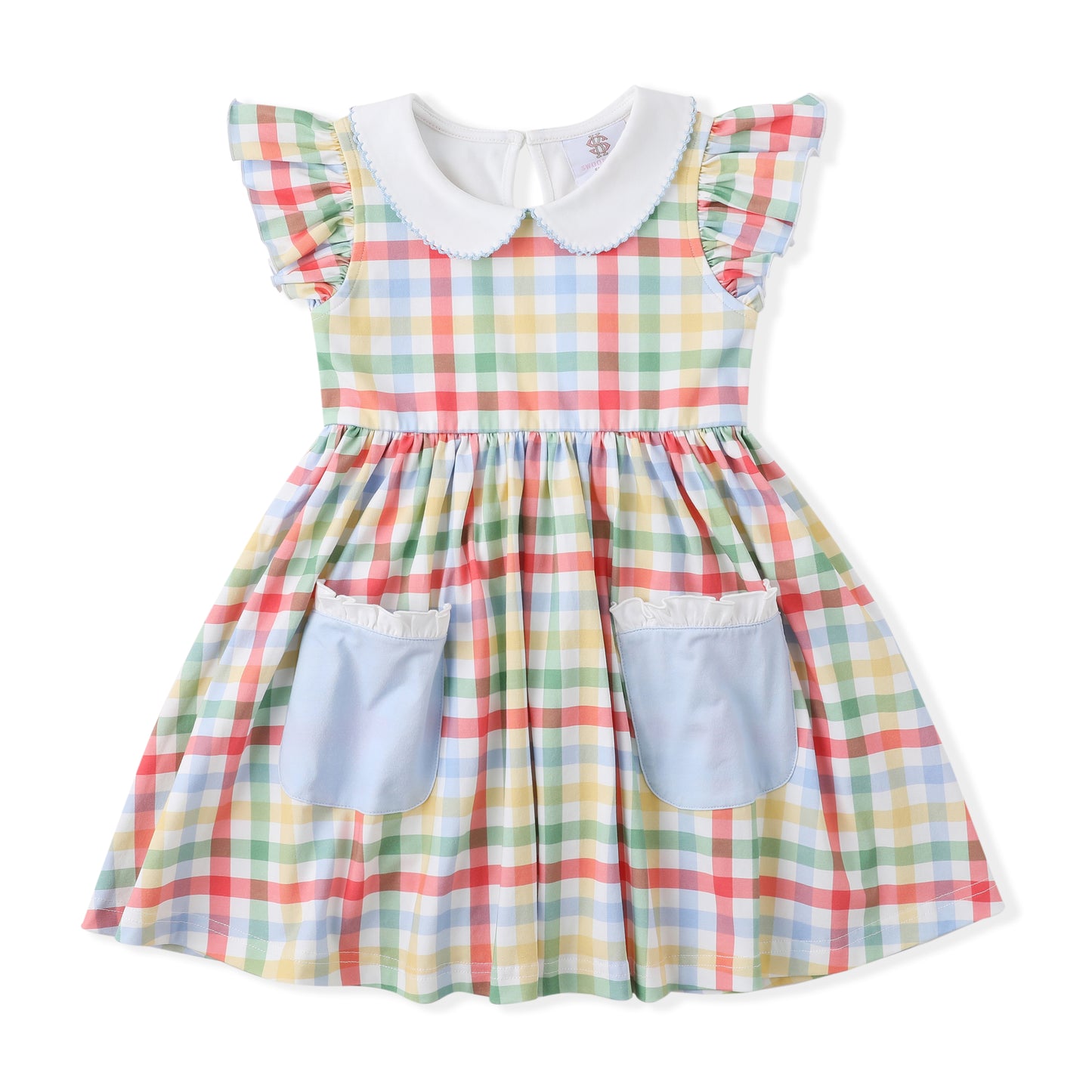 Swoon Baby Girls Colorful Rainbow Plaid Proper Dress with Pockets