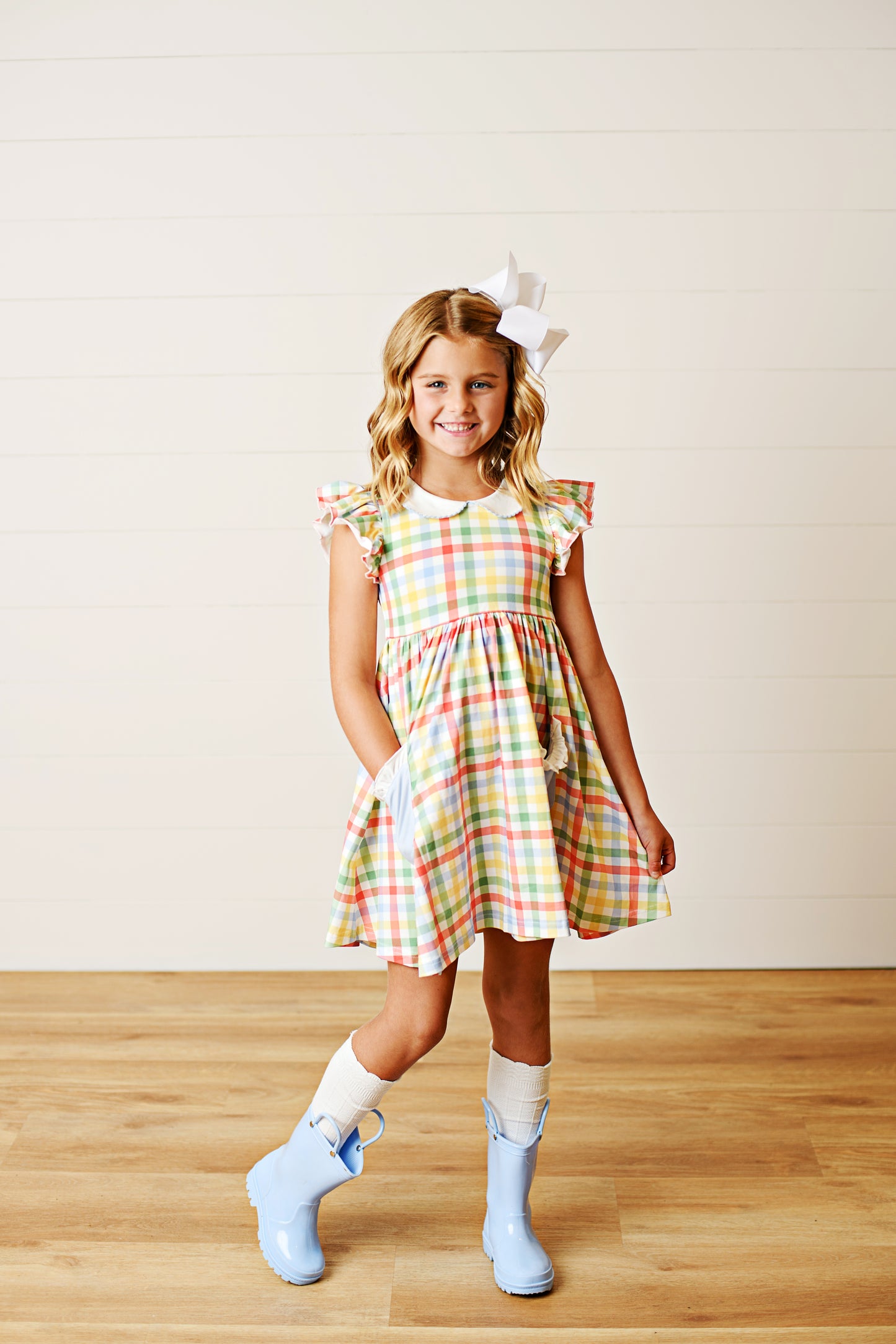 Swoon Baby Girls Colorful Rainbow Plaid Proper Dress with Pockets