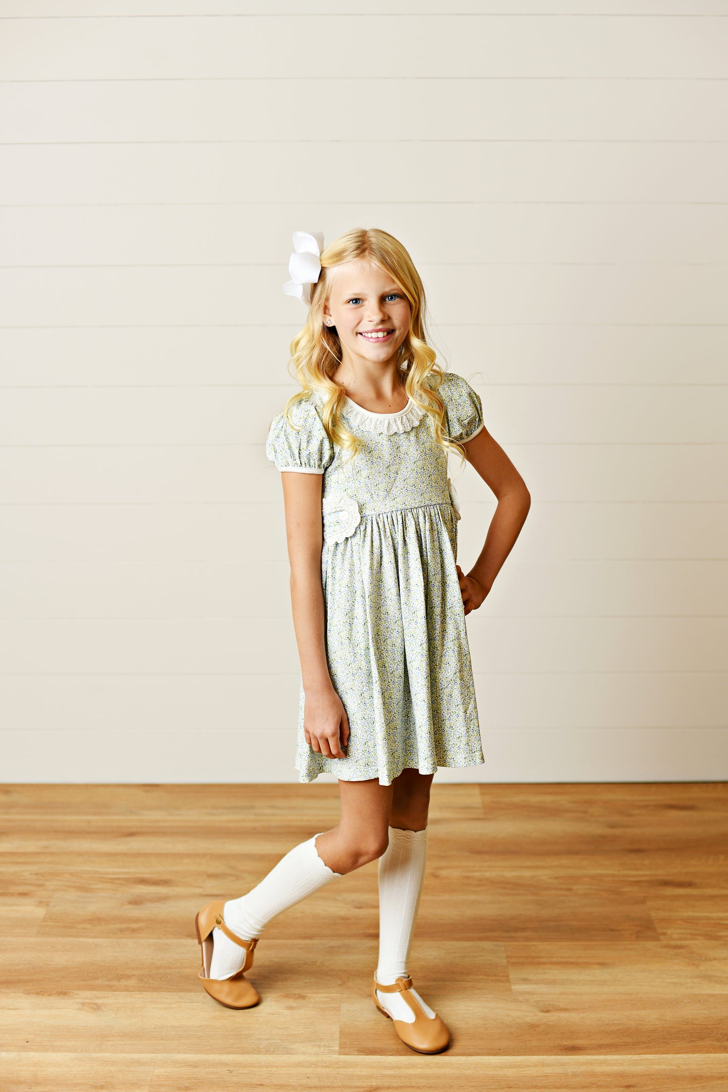 Swoon Baby Girls Blue Floral Gwen Tab Dress - Ruffle Collar
