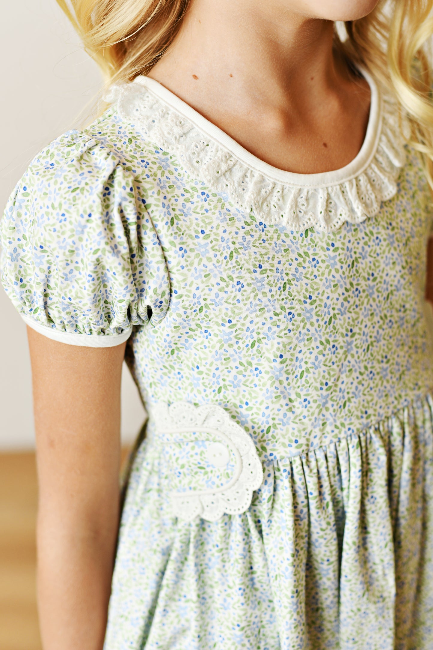 Swoon Baby Girls Blue Floral Gwen Tab Dress - Ruffle Collar