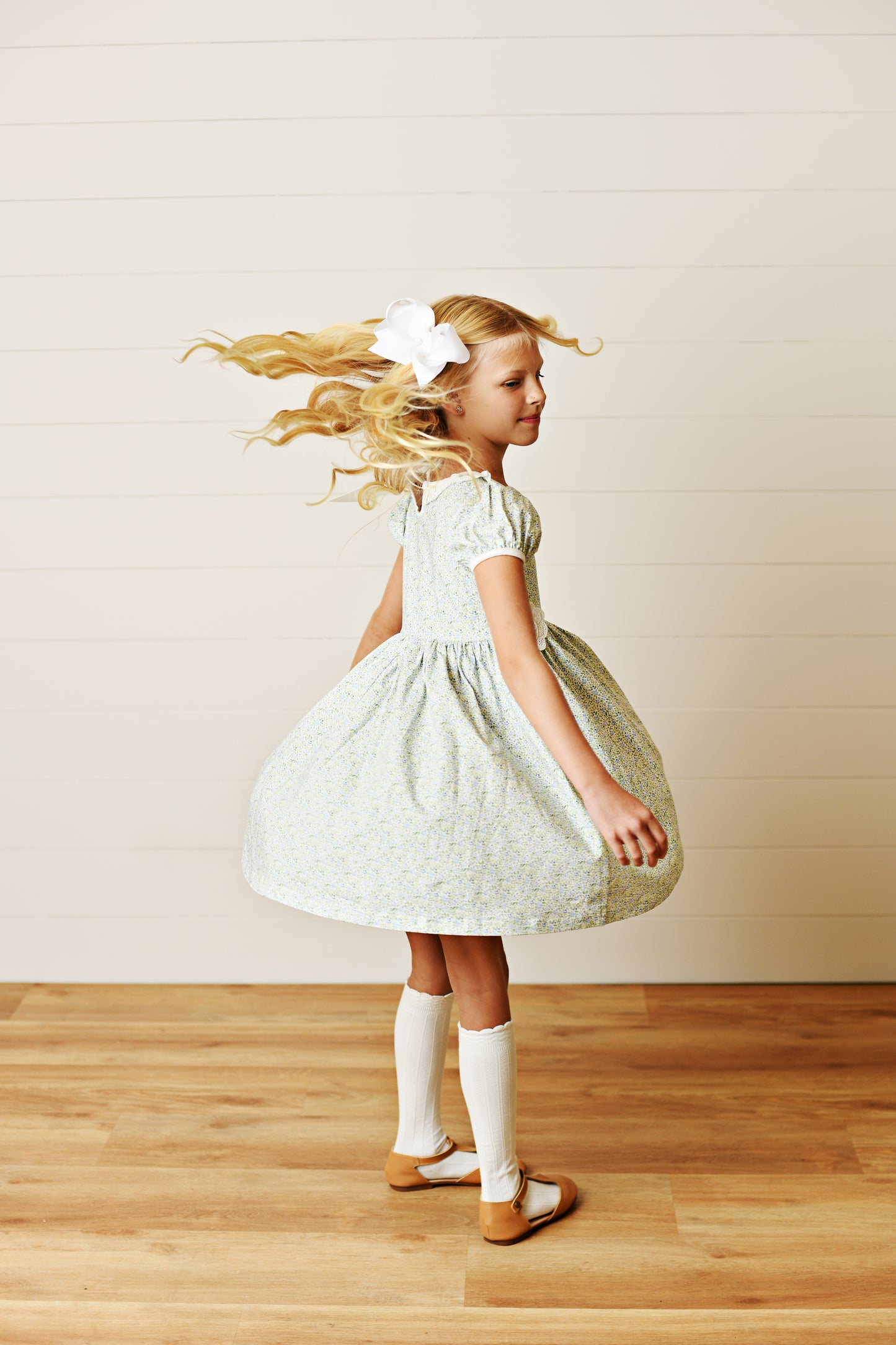 Swoon Baby Girls Blue Floral Gwen Tab Dress - Ruffle Collar