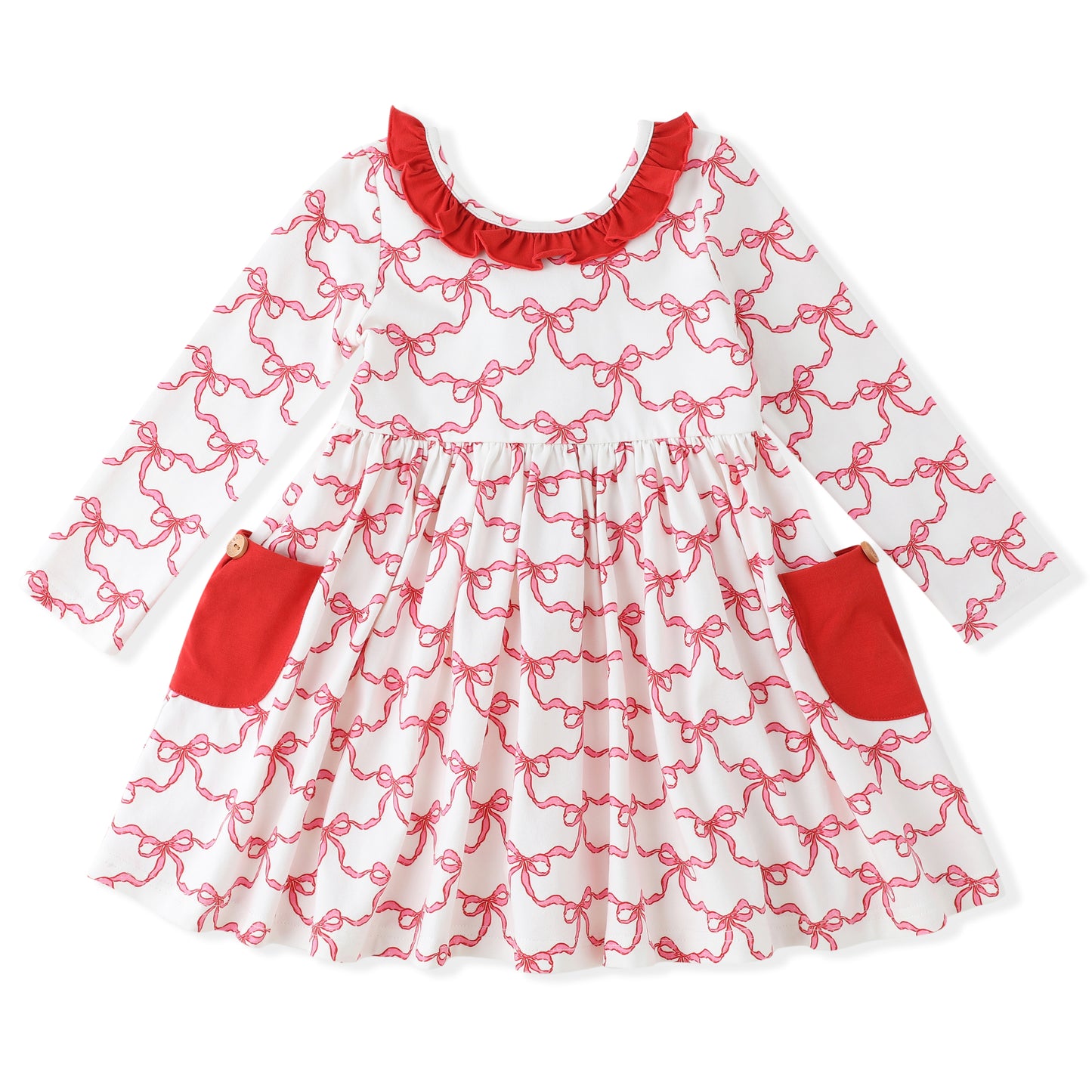 Swoon Baby Girls Pocket Twirl Dress - Red Christmas Bows