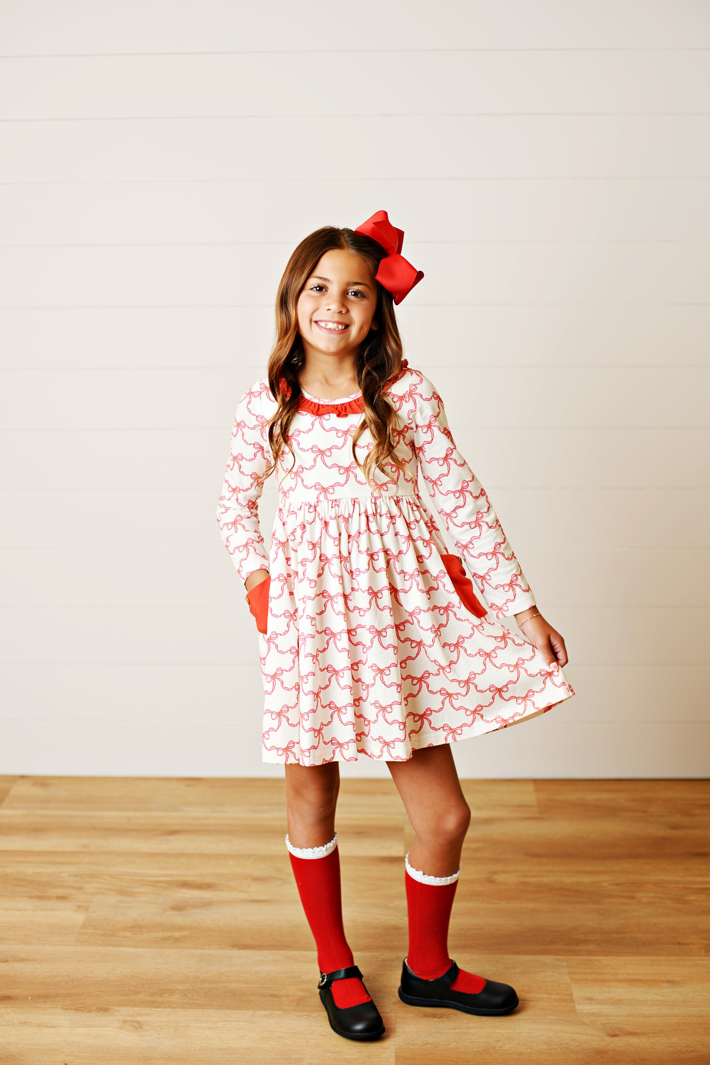 Swoon Baby Girls Pocket Twirl Dress - Red Christmas Bows