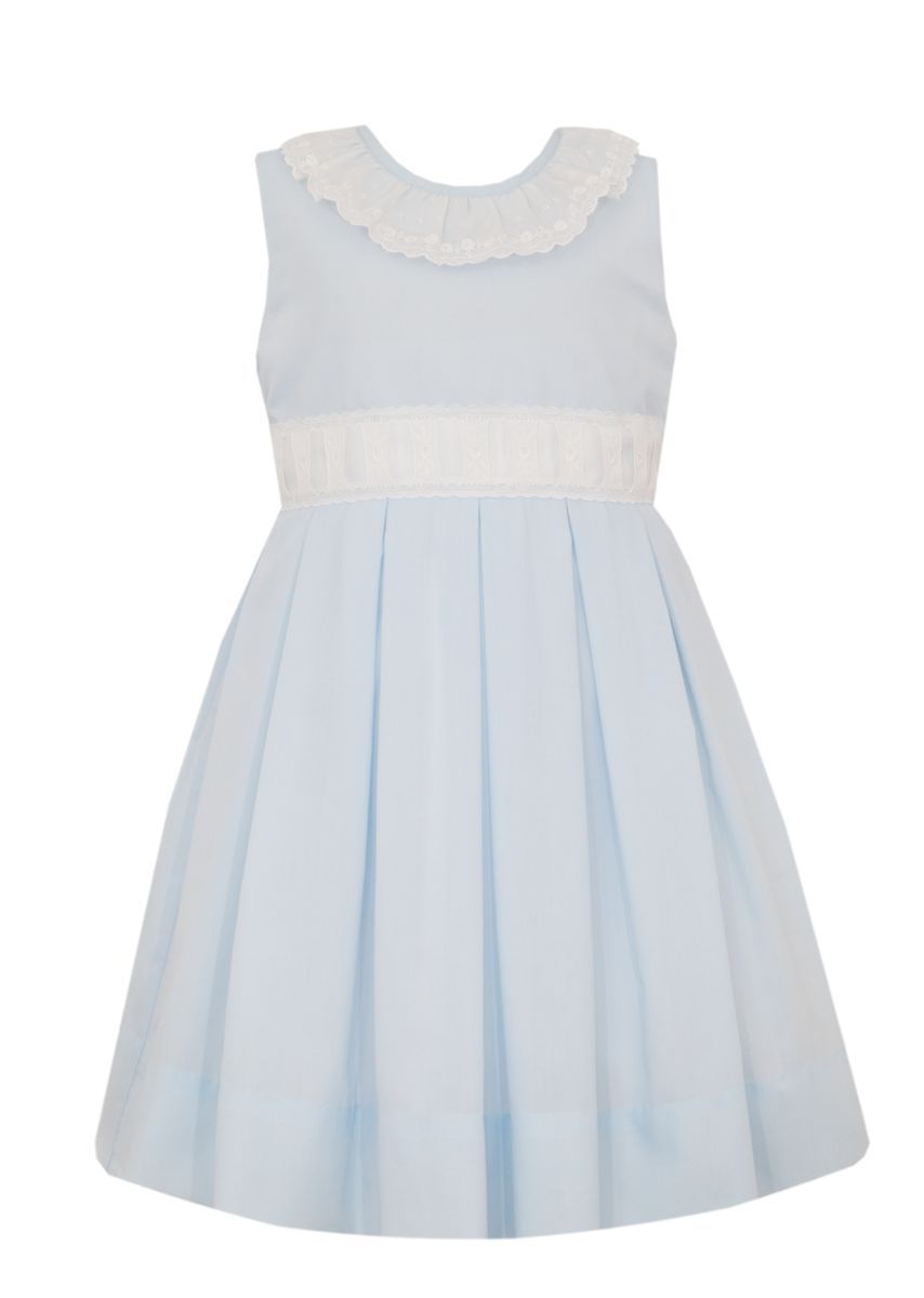 Claire & Charlie Girls Light Blue Swiss Batiste Sleeveless Dress with White Ribbon Swiss Eyelet by Claire & Charlie