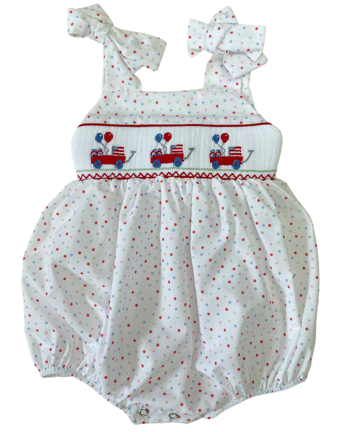 LuLu BeBe Baby Girls Gigi Bubble - Patriotic Dots Smocked Wagons with Flags & Balloons