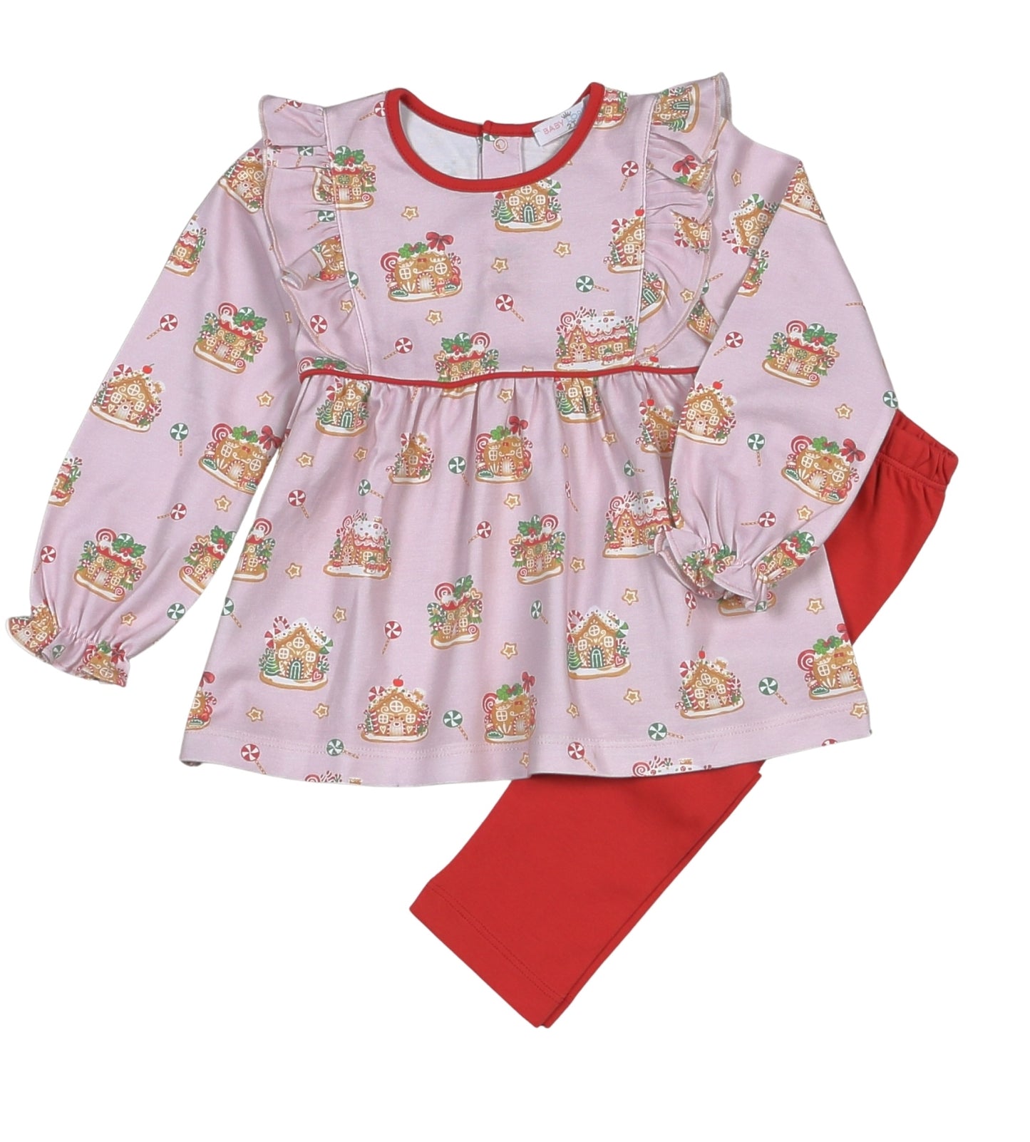 Baby Loren Girls Red Leggings with Pink Gingerbread House Ruffle Top by Baby Loren