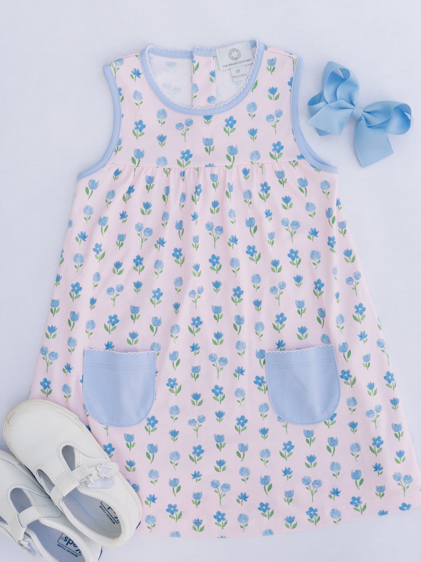 Proper Peony Pima Girls Pink Gardenia Sleeveless Dress - Blue Pockets by Proper Peony