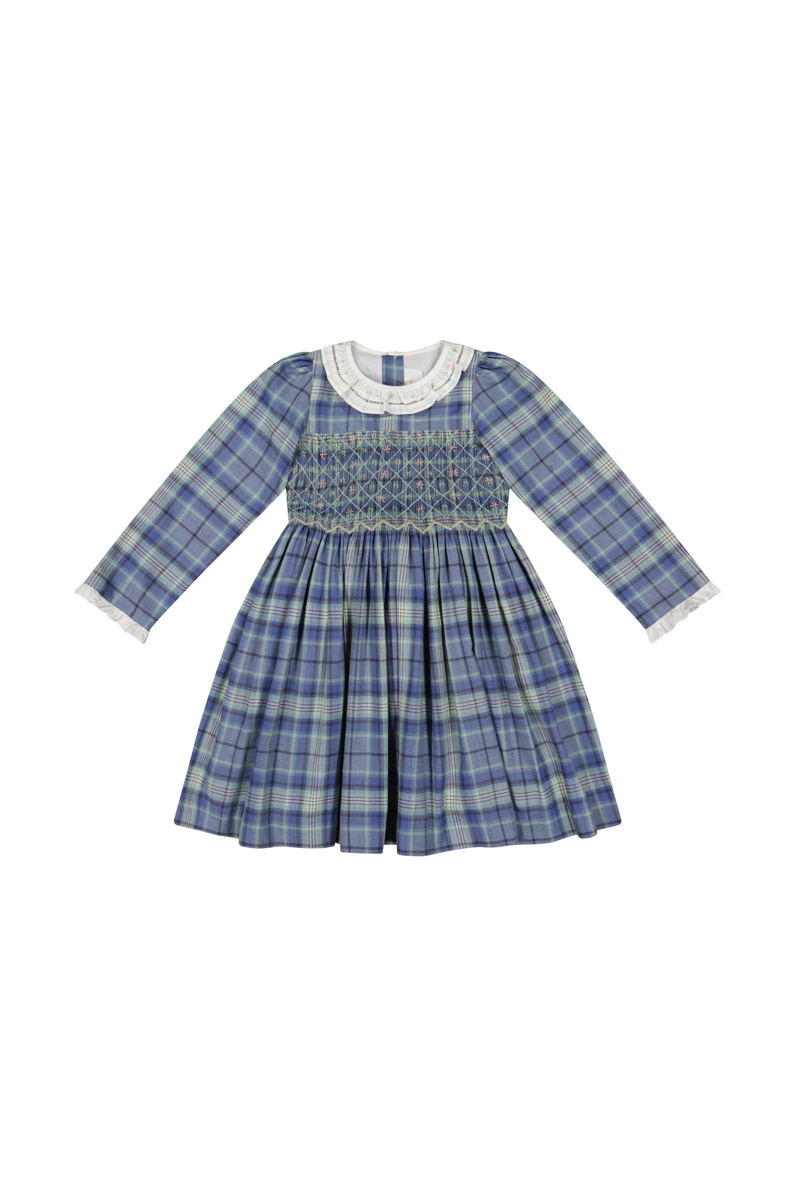 Antoinette Paris Girls Blue Plaid Smocked Heidi Dress - White Collar