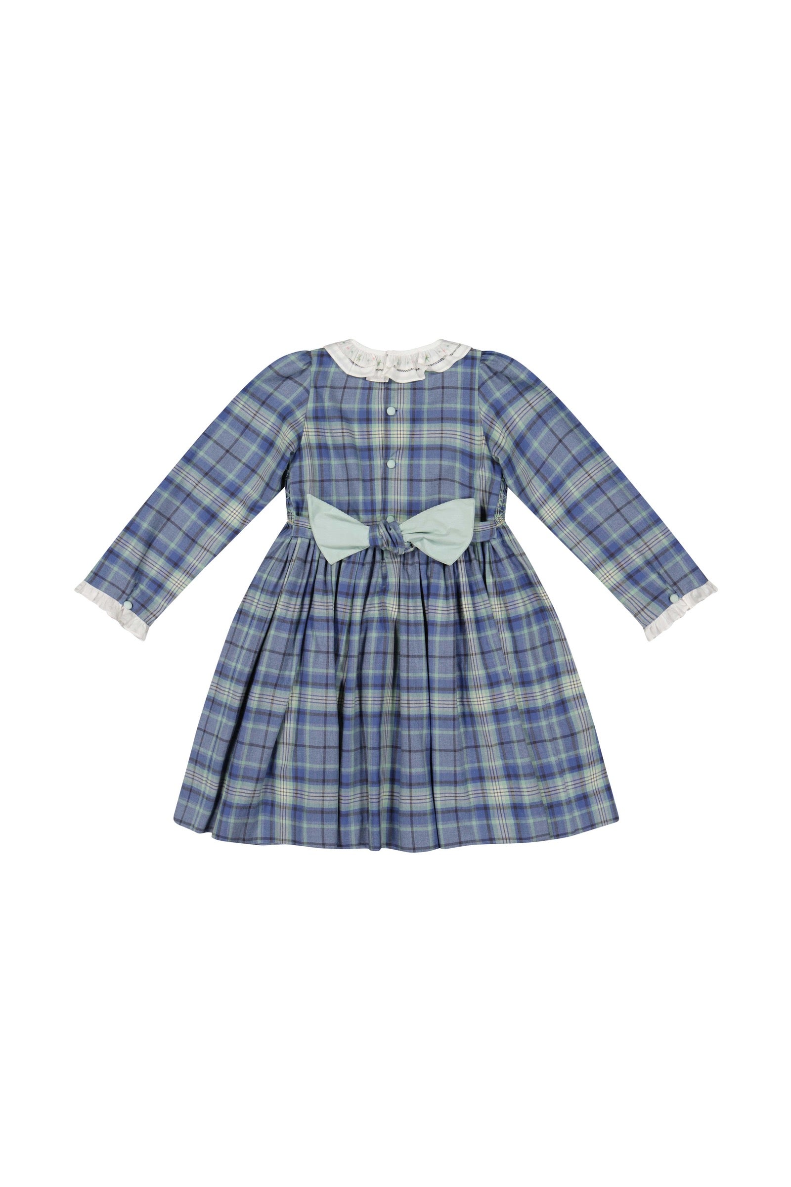 Antoinette Paris Girls Blue Plaid Smocked Heidi Dress - White Collar