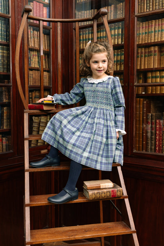 Antoinette Paris Girls Blue Plaid Smocked Heidi Dress - White Collar