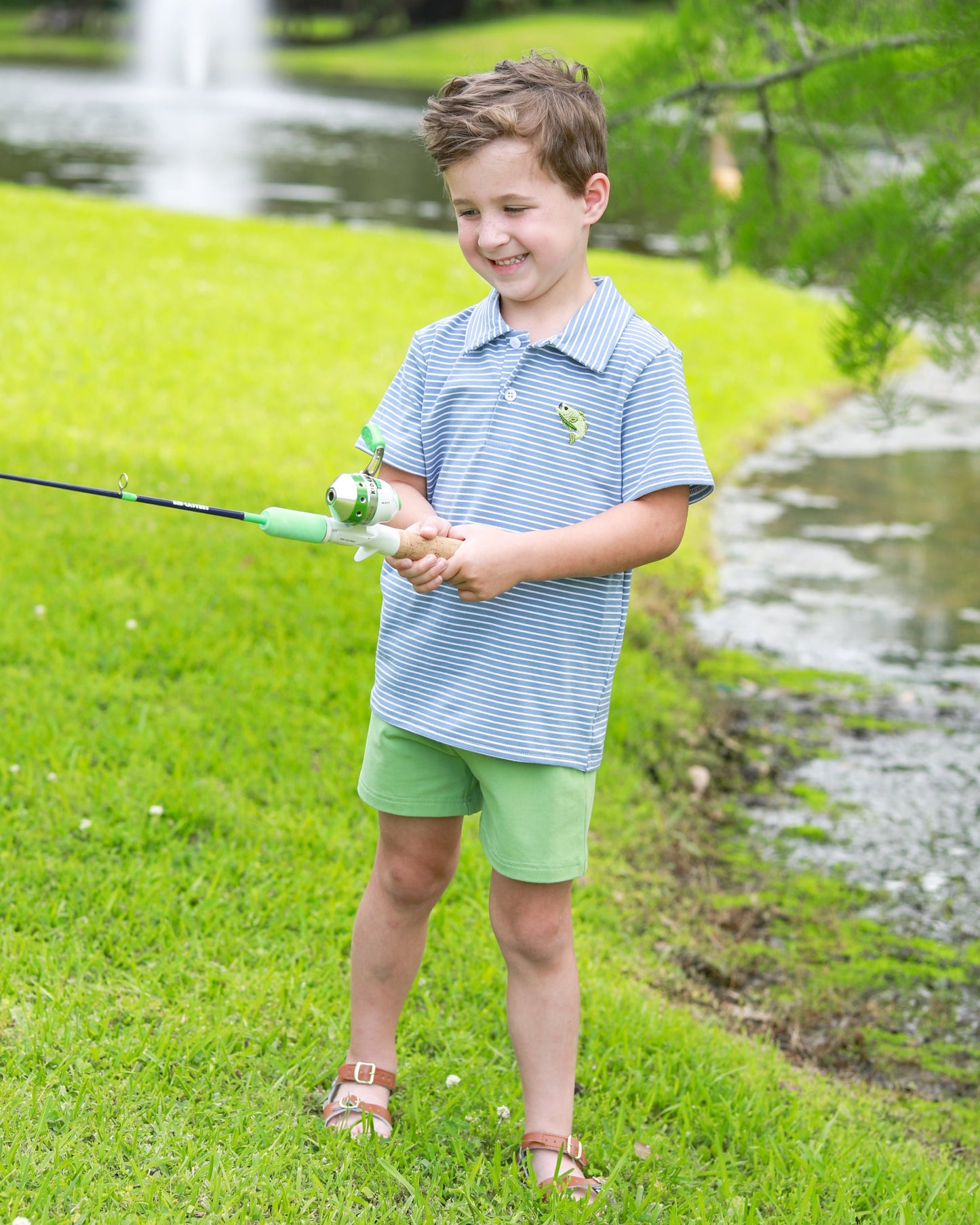 Trotter Street Kids Boys Blue Striped Hooked on Fishing Polo Shirt by Trotter Street Kids