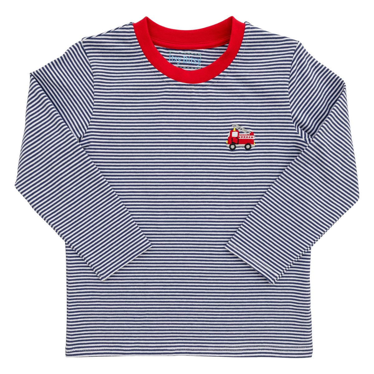 Itsy Bitsy Boys Blue Striped Shirt - Embroidered Red Firetruck by Itsy Bitsy