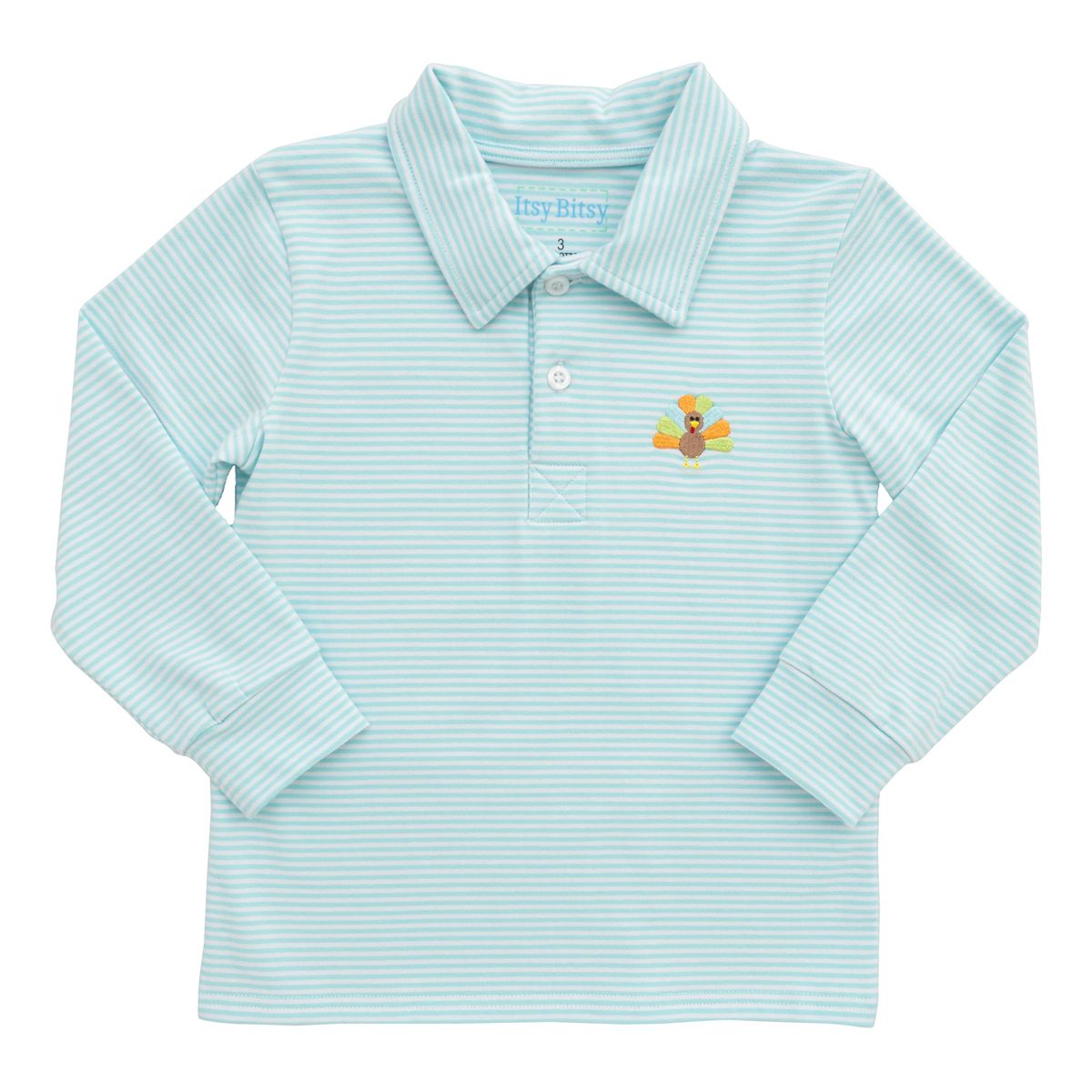 Itsy Bitsy Boys Aqua Striped Polo Shirt - Embroidered Thanksgiving Turkey