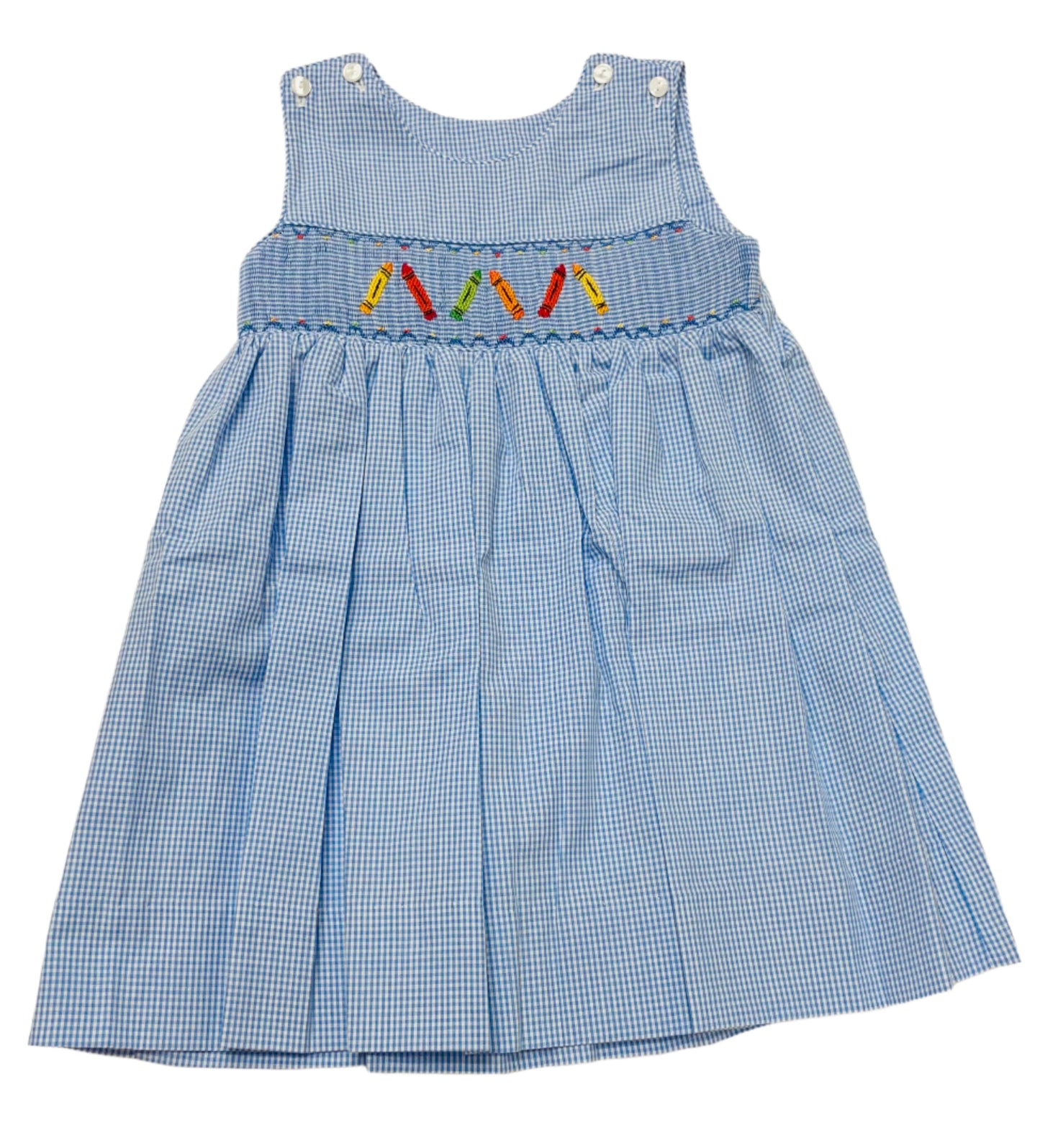 Anavini Velani Girls Periwinkle Blue Gingham Sleeveless Dress - Smocked School Crayons