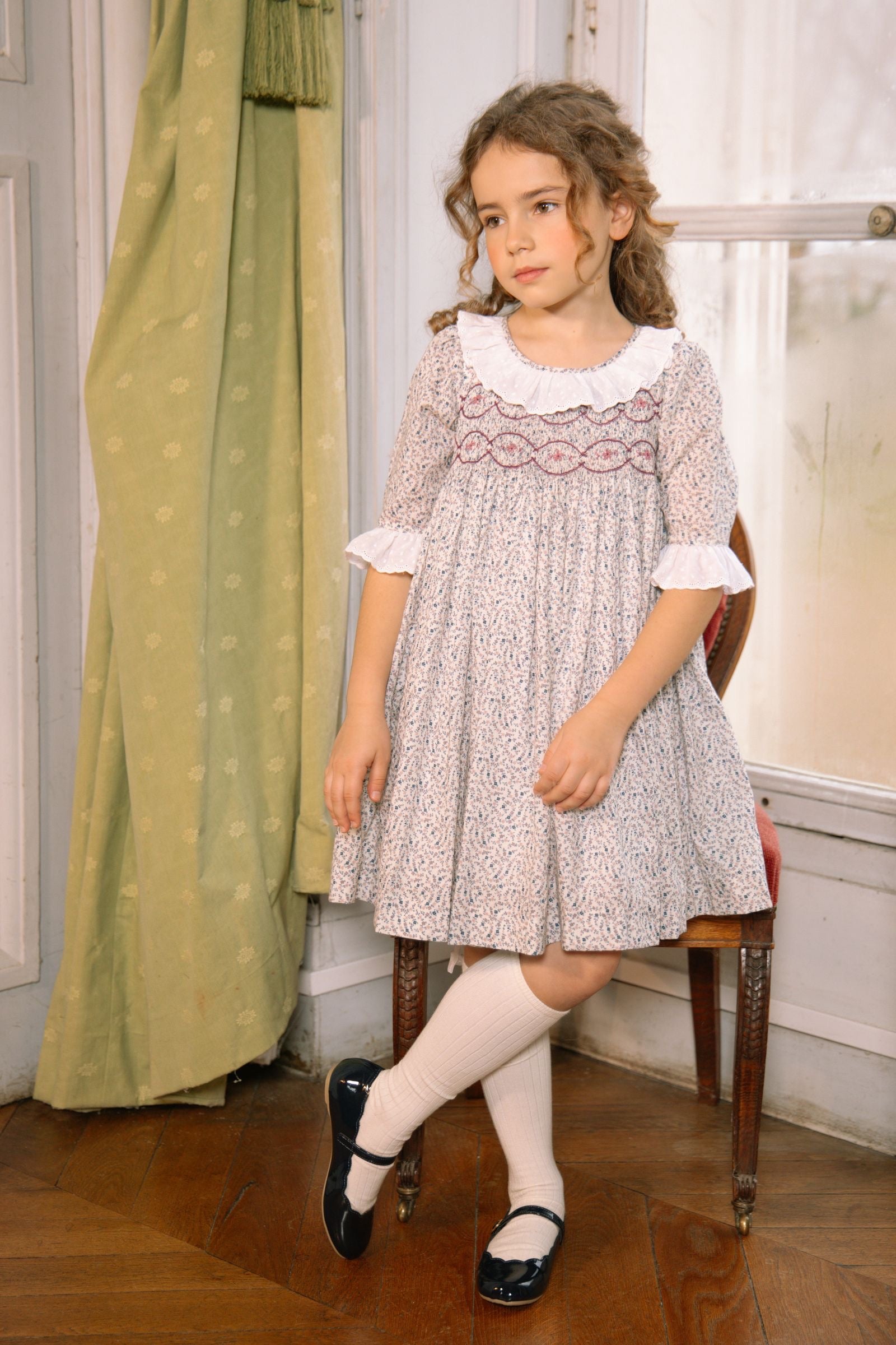 Antoinette Paris Girls Isadora Smocked Dress with Ruffle Collar