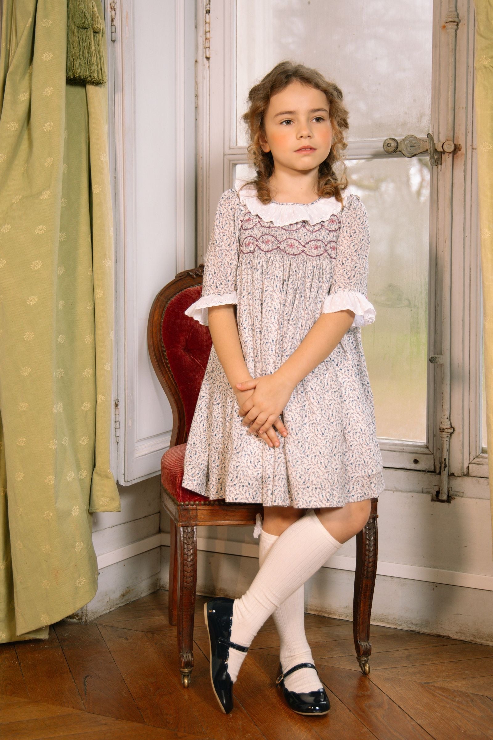 Antoinette Paris Girls Isadora Smocked Dress with Ruffle Collar - Blue Floral