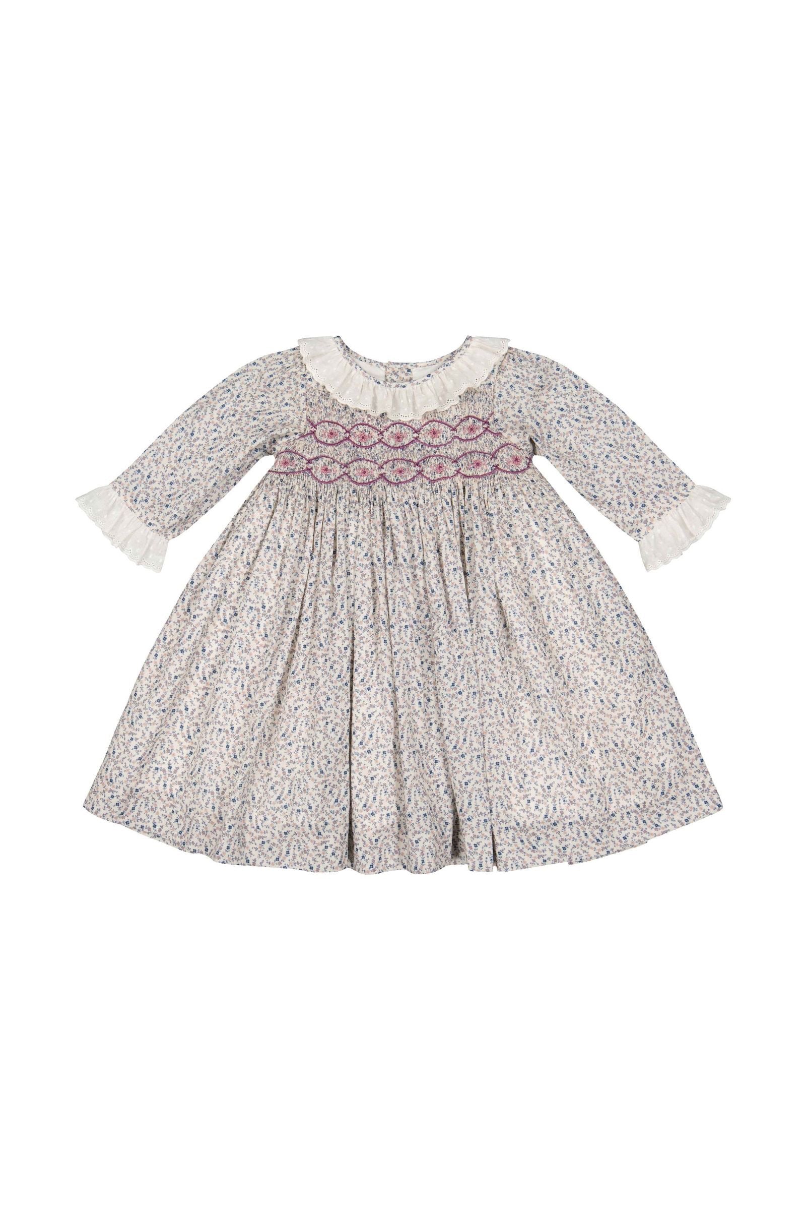 Antoinette Paris Girls Isadora Smocked Dress with Ruffle Collar - Blue Floral